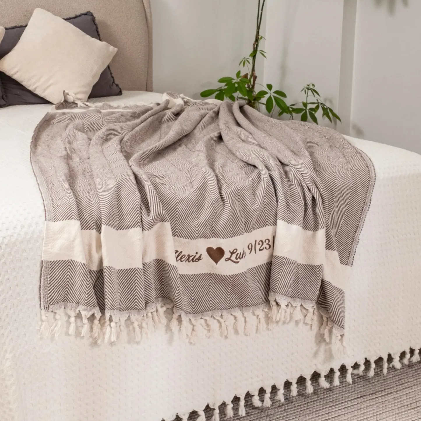 Personalized King Size Embroidered Knitted Cotton Blanket Custom Names and Date Knitted Throw Blanket for King Size Bed  Anniversary Gift