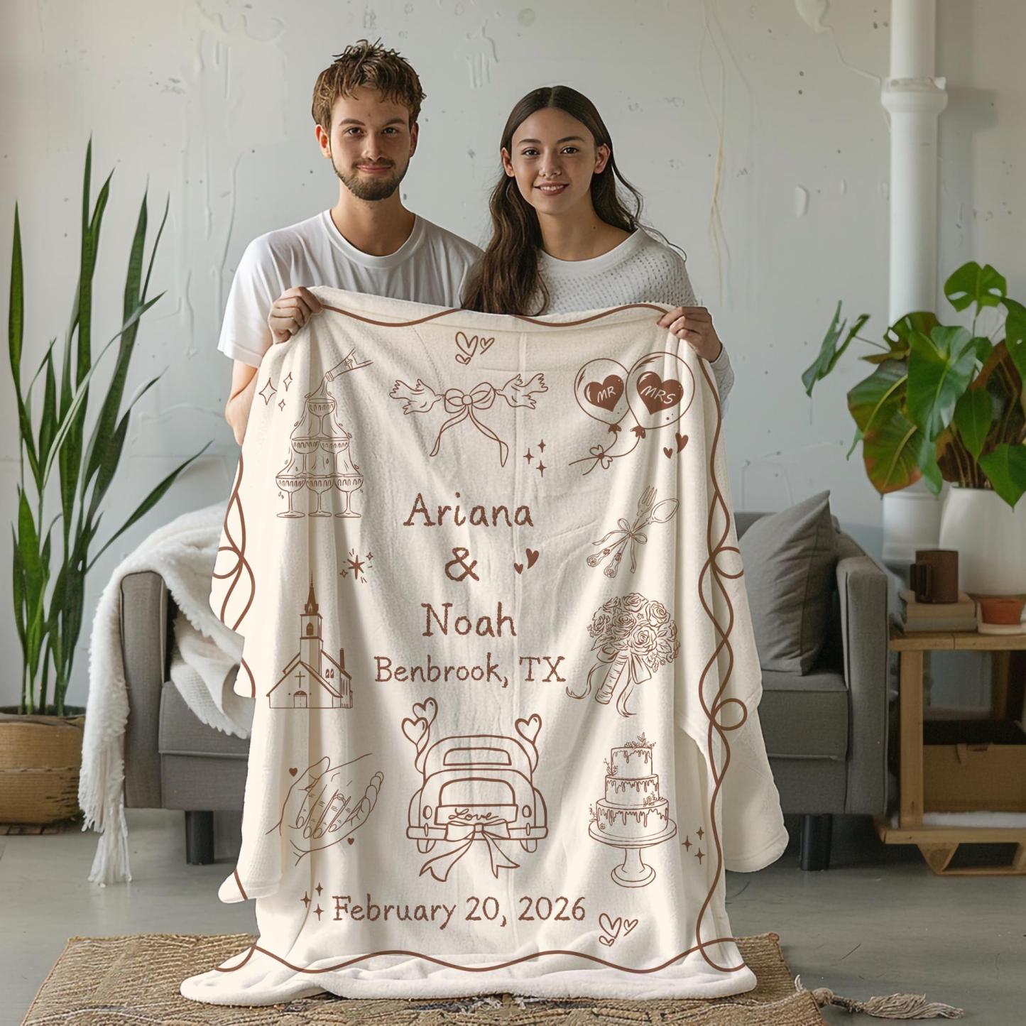 Custom Whimsical Married  Blanket Personalized Names and Wedding Date Cotton Throw Fun Couple Gift for Newlyweds