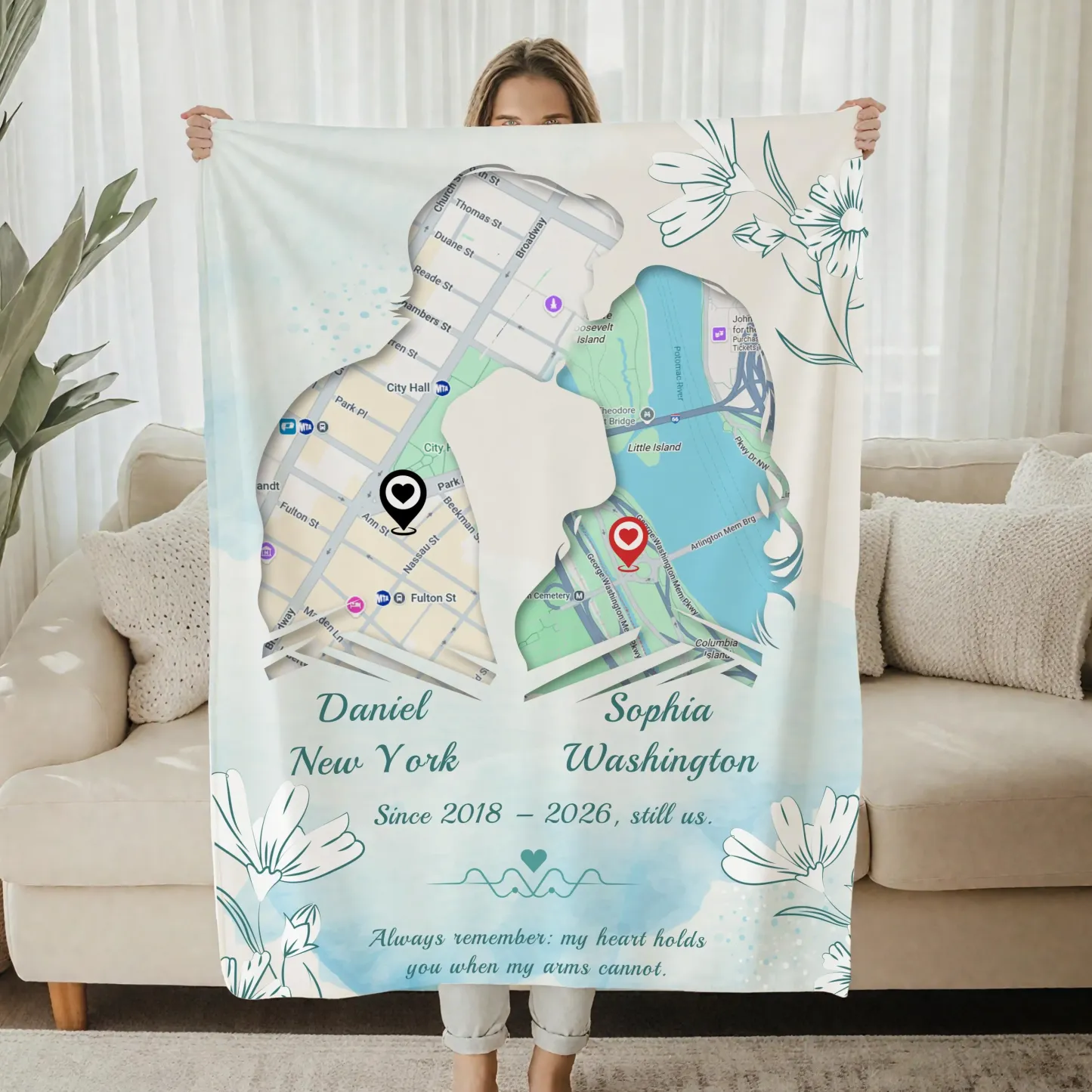 Personalized Long Distance Love Map Blanket Custom Our Love Story Map Blanket with Two Locations and Anniversary Date Gifts for Her