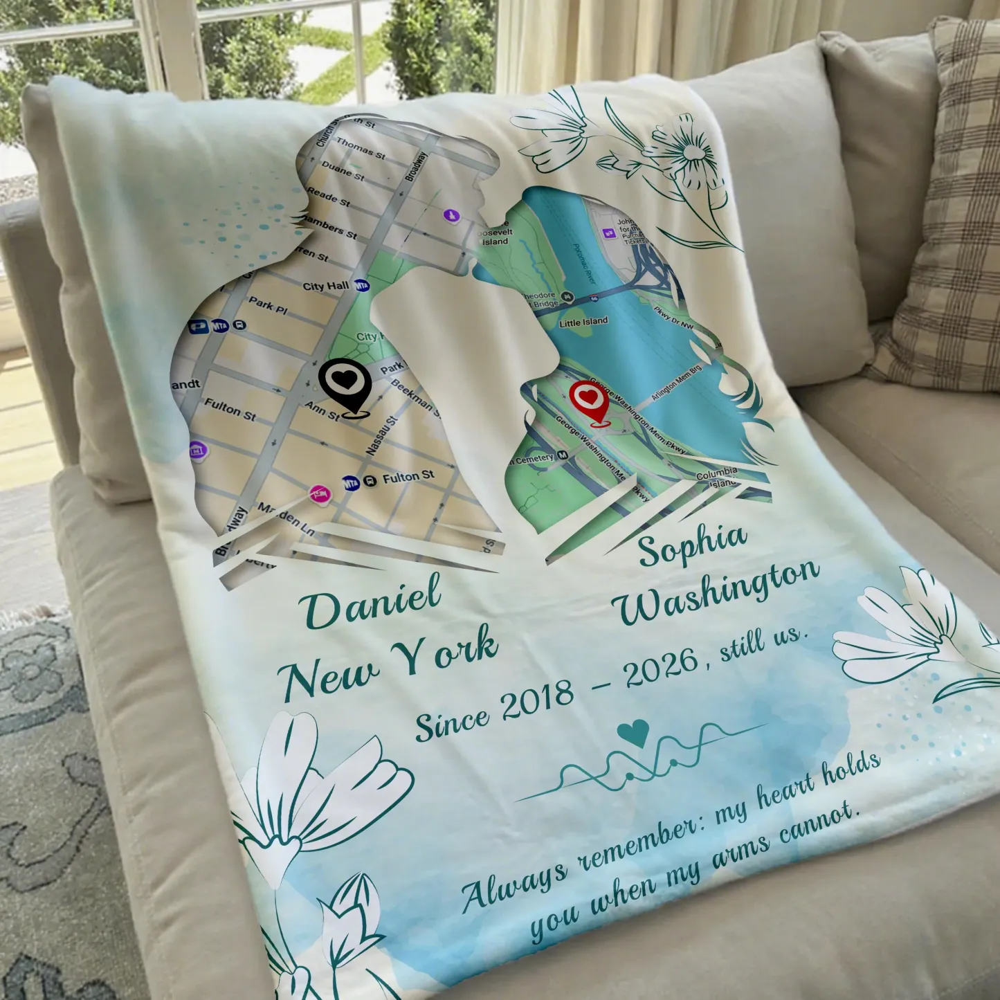 Personalized Long Distance Love Map Blanket Custom Our Love Story Map Blanket with Two Locations and Anniversary Date Gifts for Her