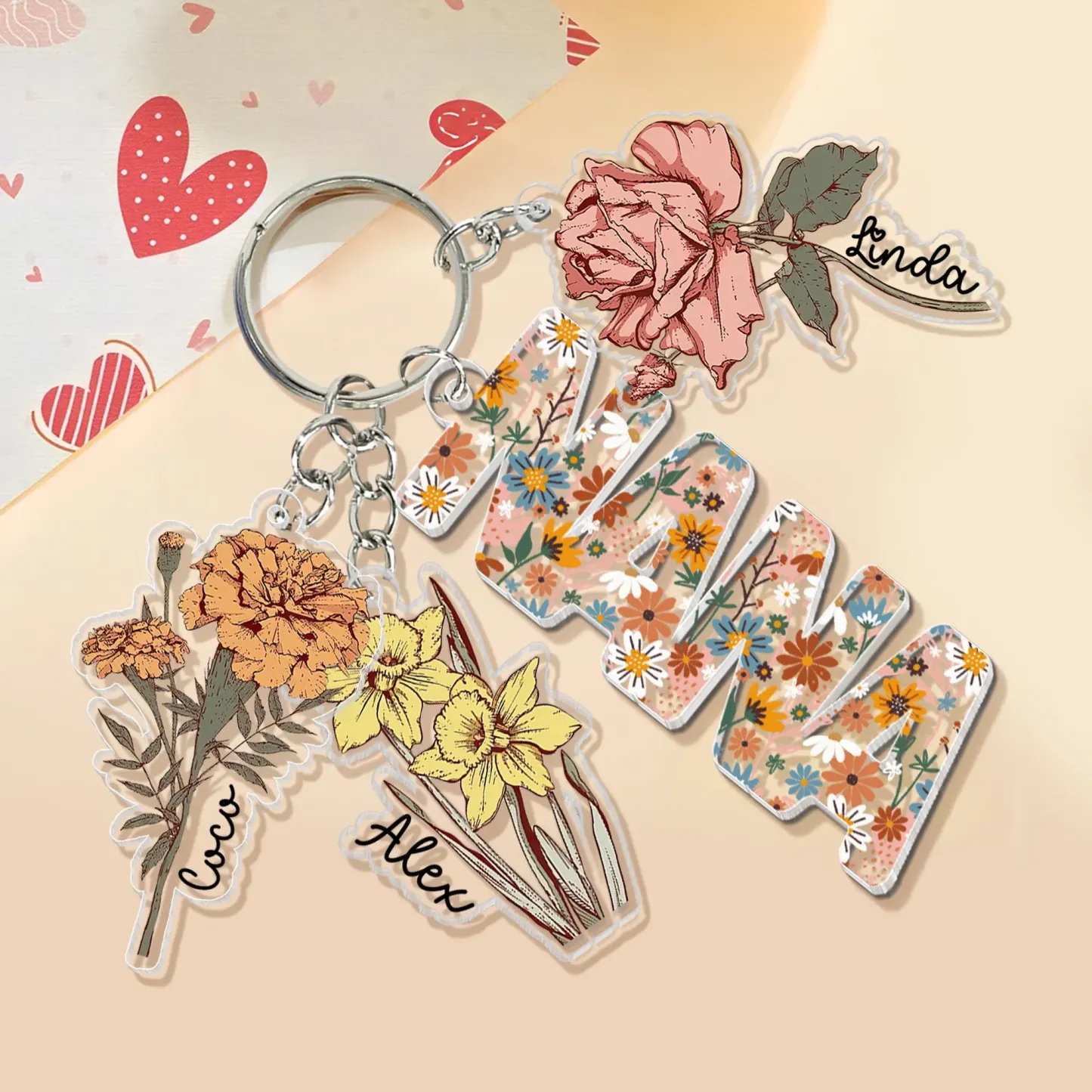 Personalized Family Birth Flower Keychain Custom Name Acrylic Keyring Floral Mother's Day Gift for Her