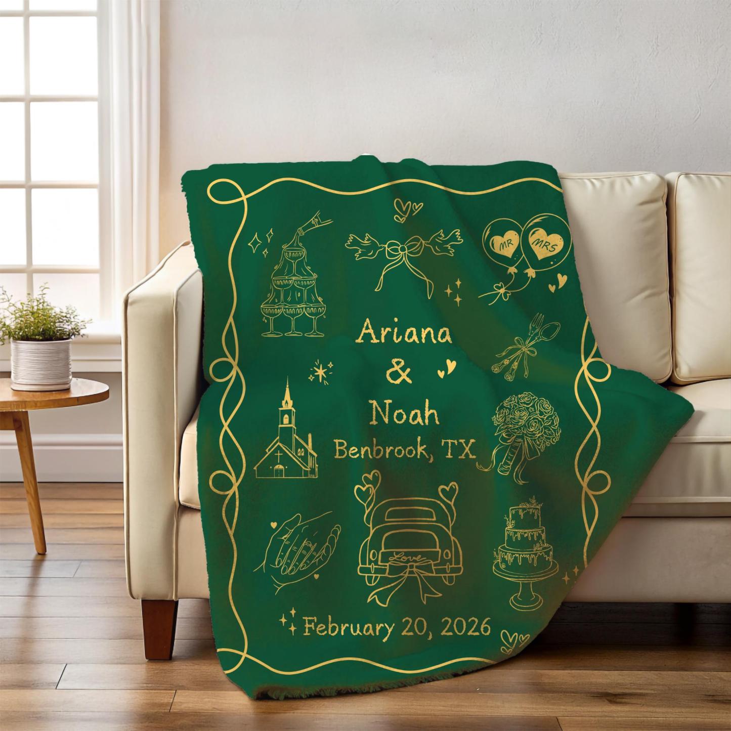 Custom Whimsical Married  Blanket Personalized Names and Wedding Date Cotton Throw Fun Couple Gift for Newlyweds