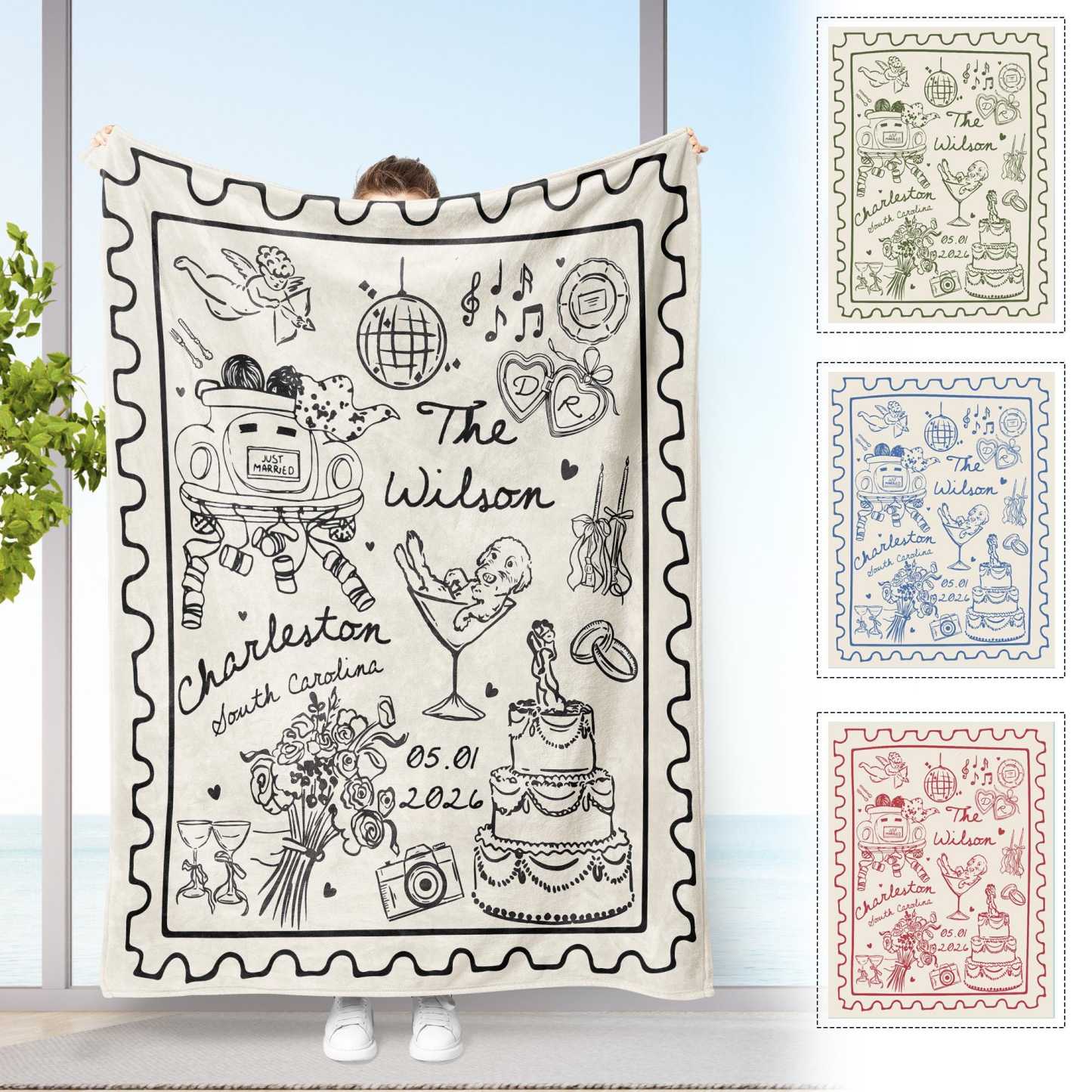 Personalized Wedding Woven Blanket Custom Name and Date Cotton Throw Blanket Just Married Woven Tapestry Blanket Anniversary Gift