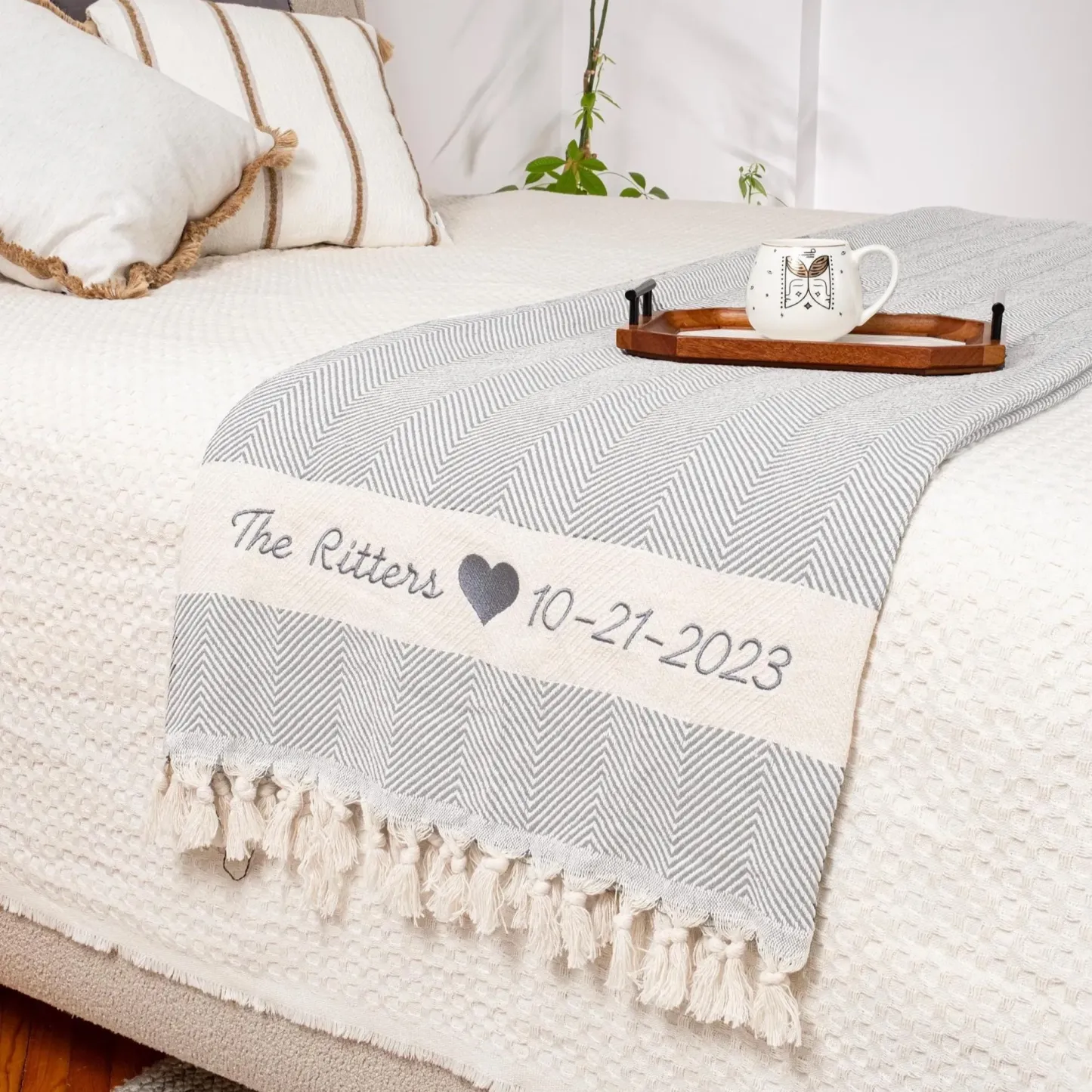 Personalized King Size Embroidered Knitted Cotton Blanket Custom Names and Date Knitted Throw Blanket for King Size Bed  Anniversary Gift