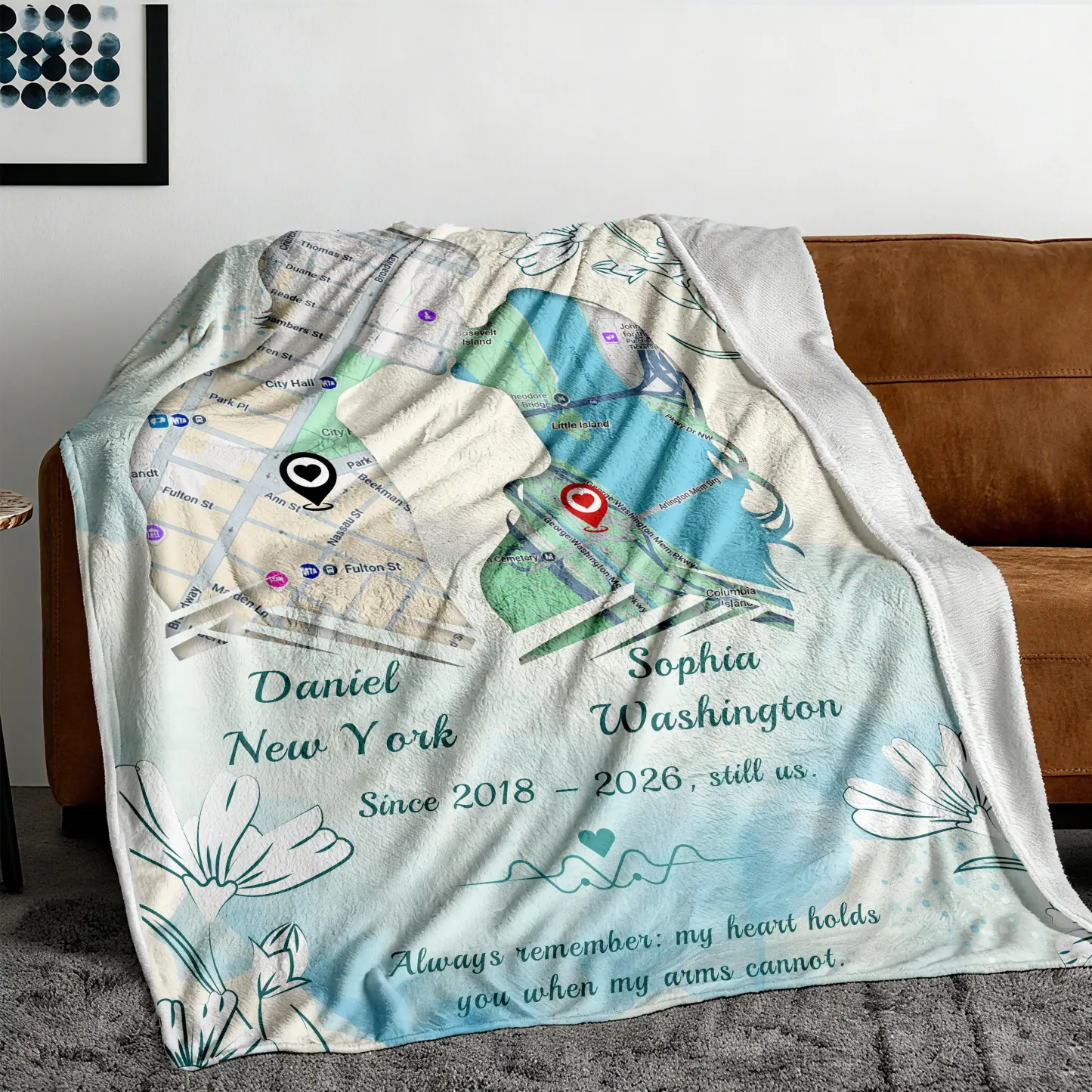 Personalized Long Distance Love Map Blanket Custom Our Love Story Map Blanket with Two Locations and Anniversary Date Gifts for Her