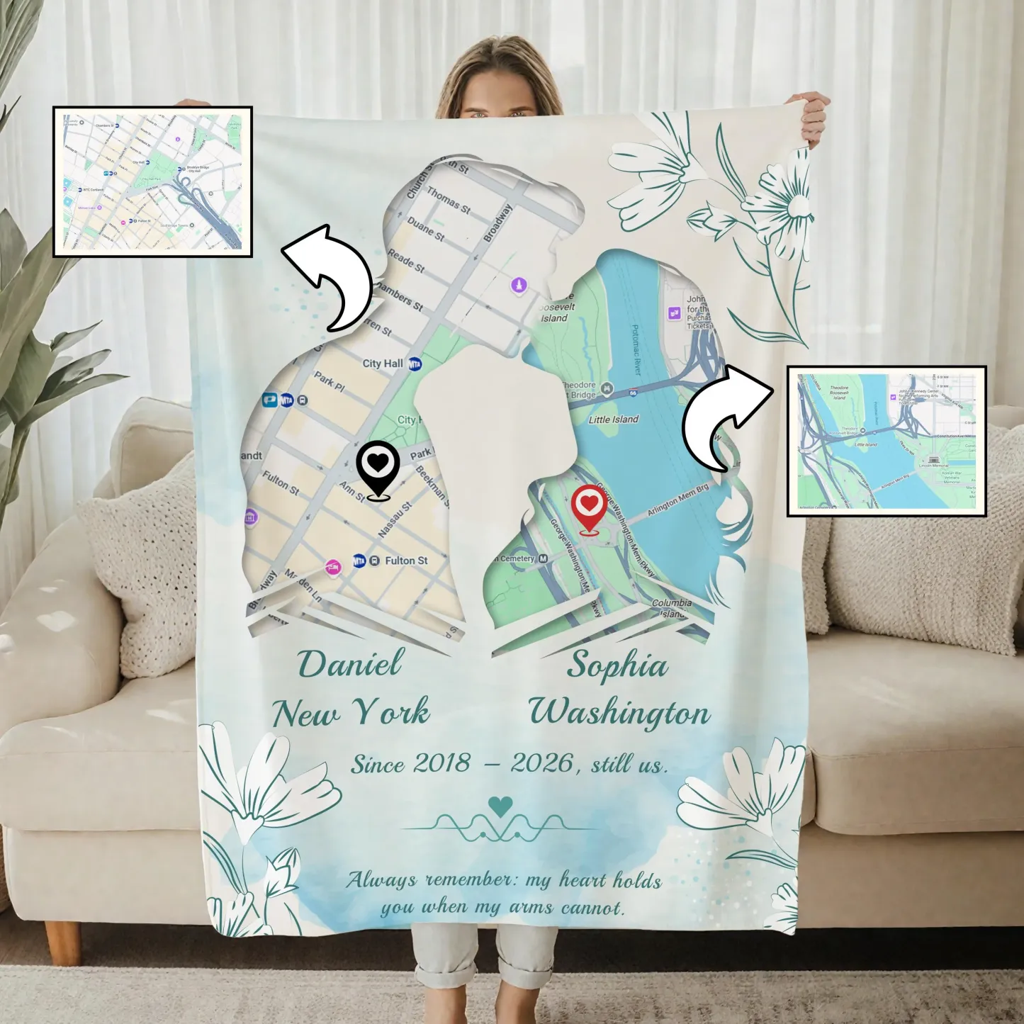 Personalized Long Distance Love Map Blanket Custom Our Love Story Map Blanket with Two Locations and Anniversary Date Gifts for Her