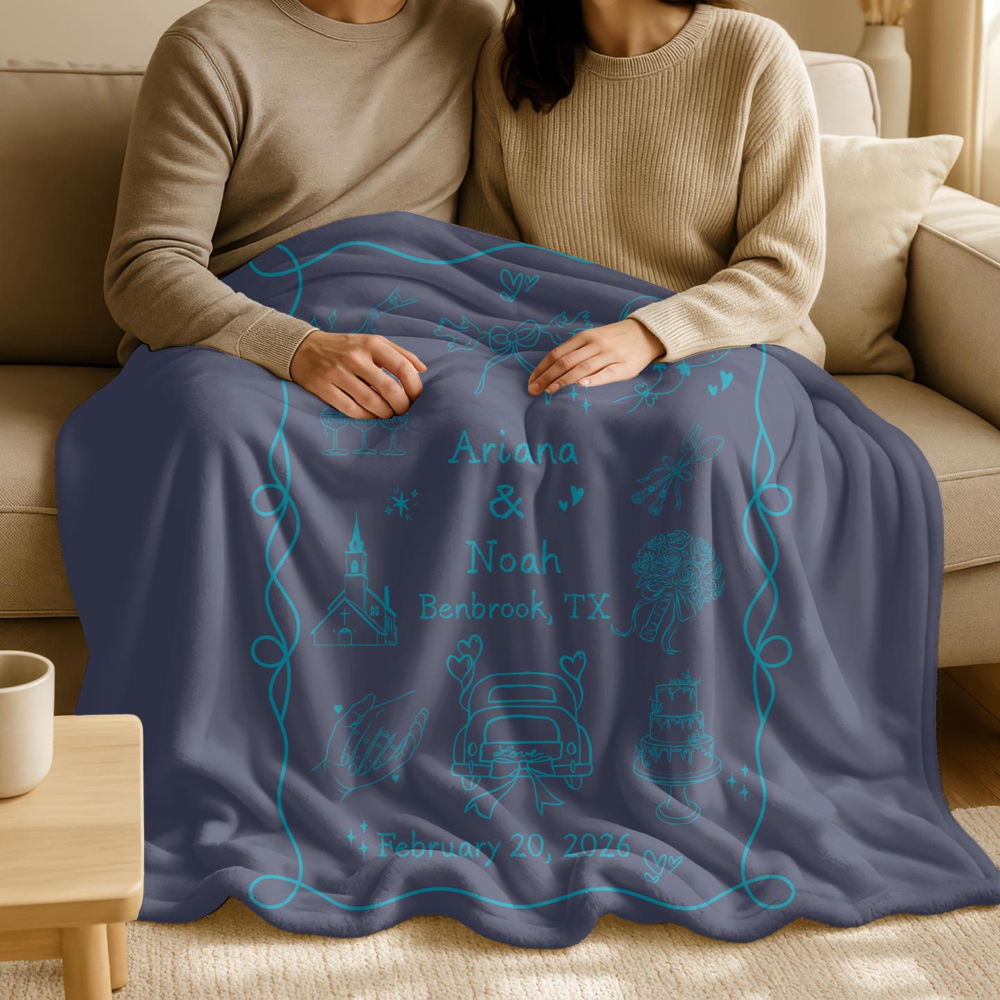 Custom Whimsical Married  Blanket Personalized Names and Wedding Date Cotton Throw Fun Couple Gift for Newlyweds