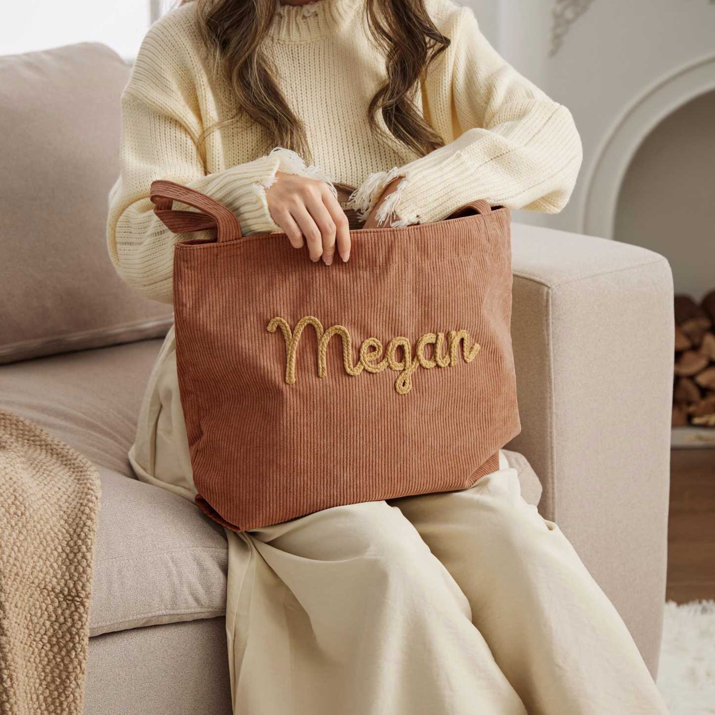 Custom Corduroy Tote Bag Personalized Embroidered Corduroy Tote Bag With Magnetic Buckle Mother's Day Gifts - aiprintlab