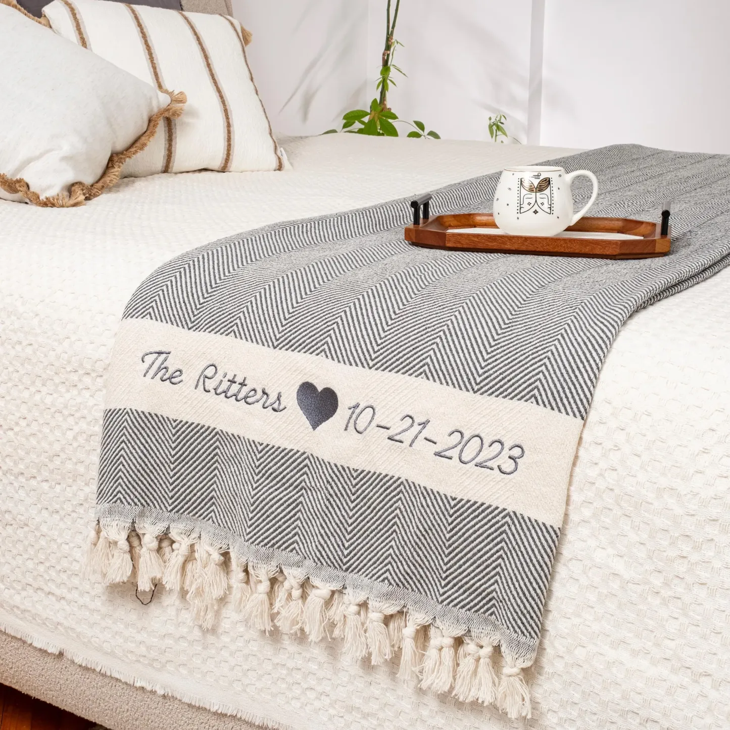 Personalized King Size Embroidered Knitted Cotton Blanket Custom Names and Date Knitted Throw Blanket for King Size Bed  Anniversary Gift