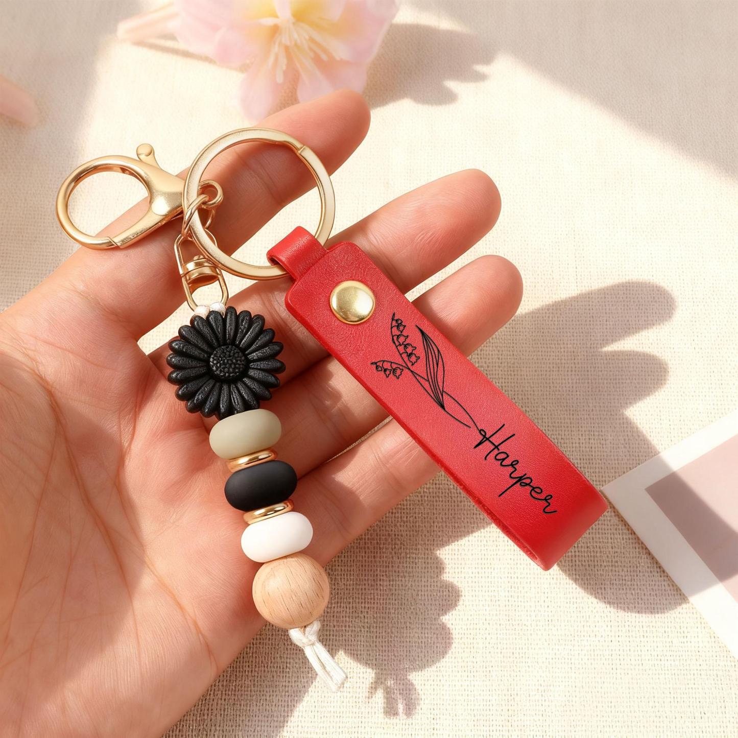 Personalized Name Leather Keychain Custom Name Birth Flower Keyring Daily Accessory Gift for Her