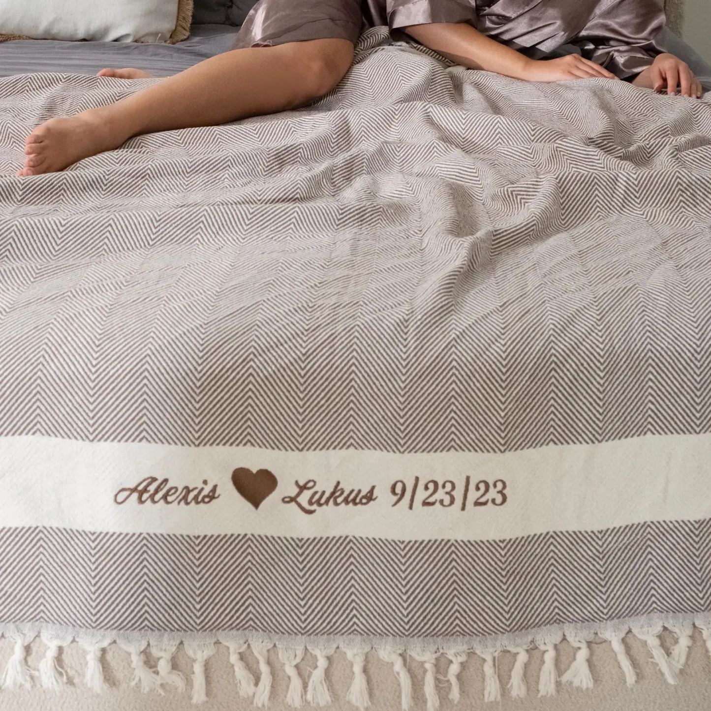 Personalized King Size Embroidered Knitted Cotton Blanket Custom Names and Date Knitted Throw Blanket for King Size Bed  Anniversary Gift