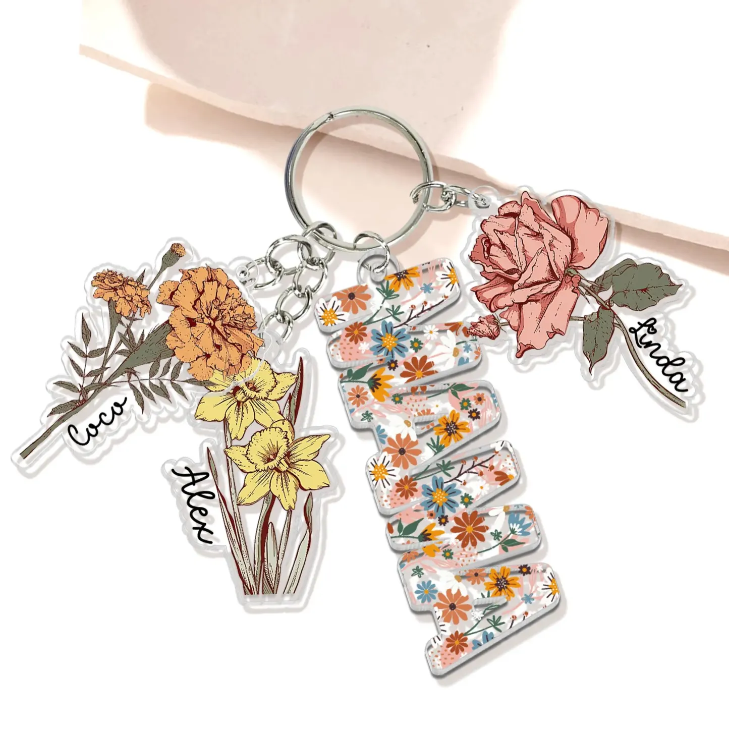 Personalized Family Birth Flower Keychain Custom Name Acrylic Keyring Floral Mother's Day Gift for Her