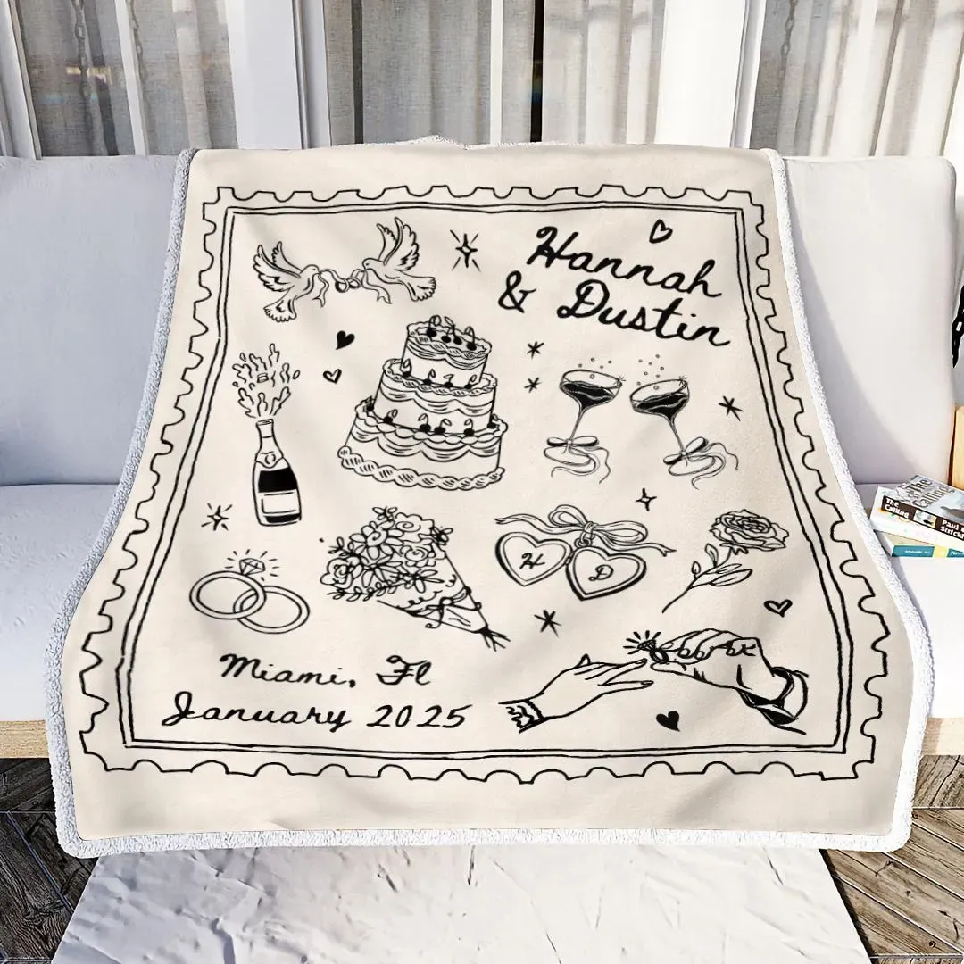Personalized Whimsical Wedding Woven Blanket Custom Couple Names and Date Cotton Throw Gift for Newlyweds