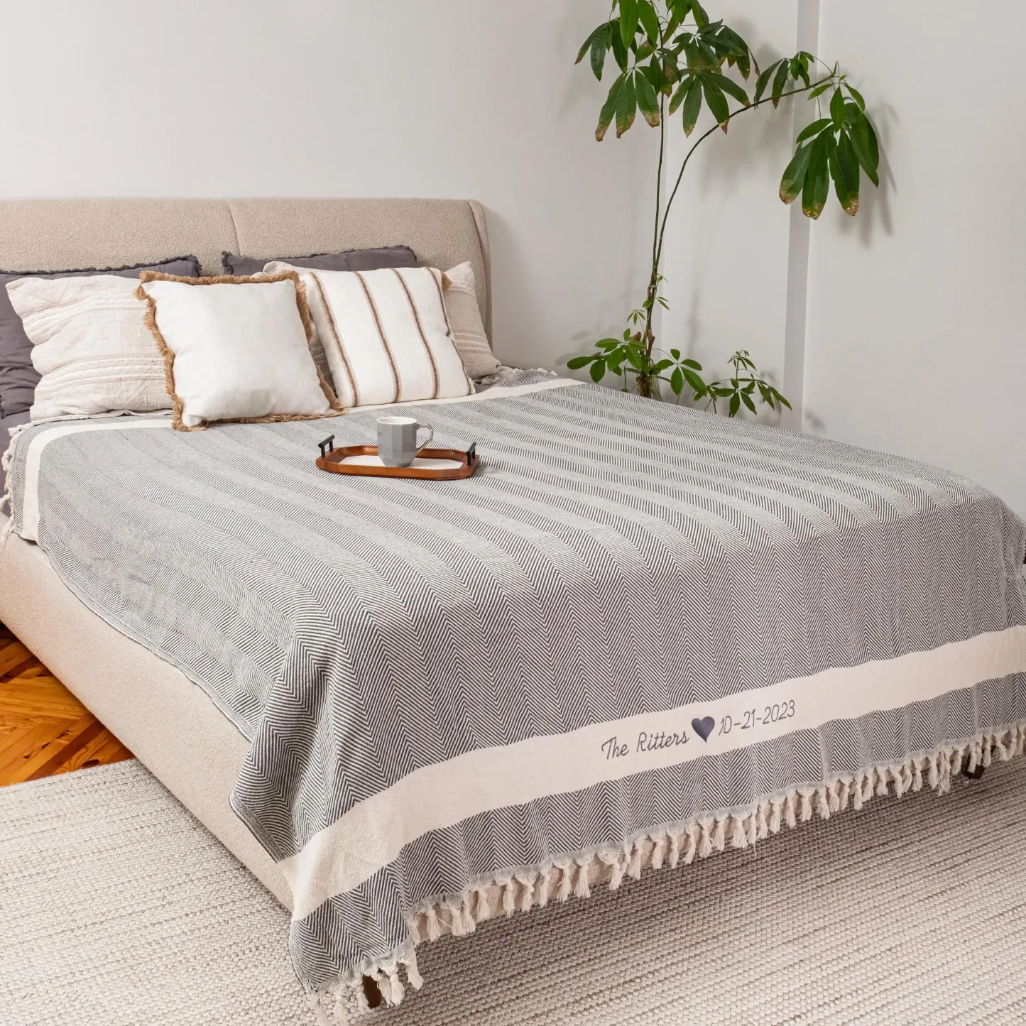 Personalized King Size Embroidered Knitted Cotton Blanket Custom Names and Date Knitted Throw Blanket for King Size Bed  Anniversary Gift