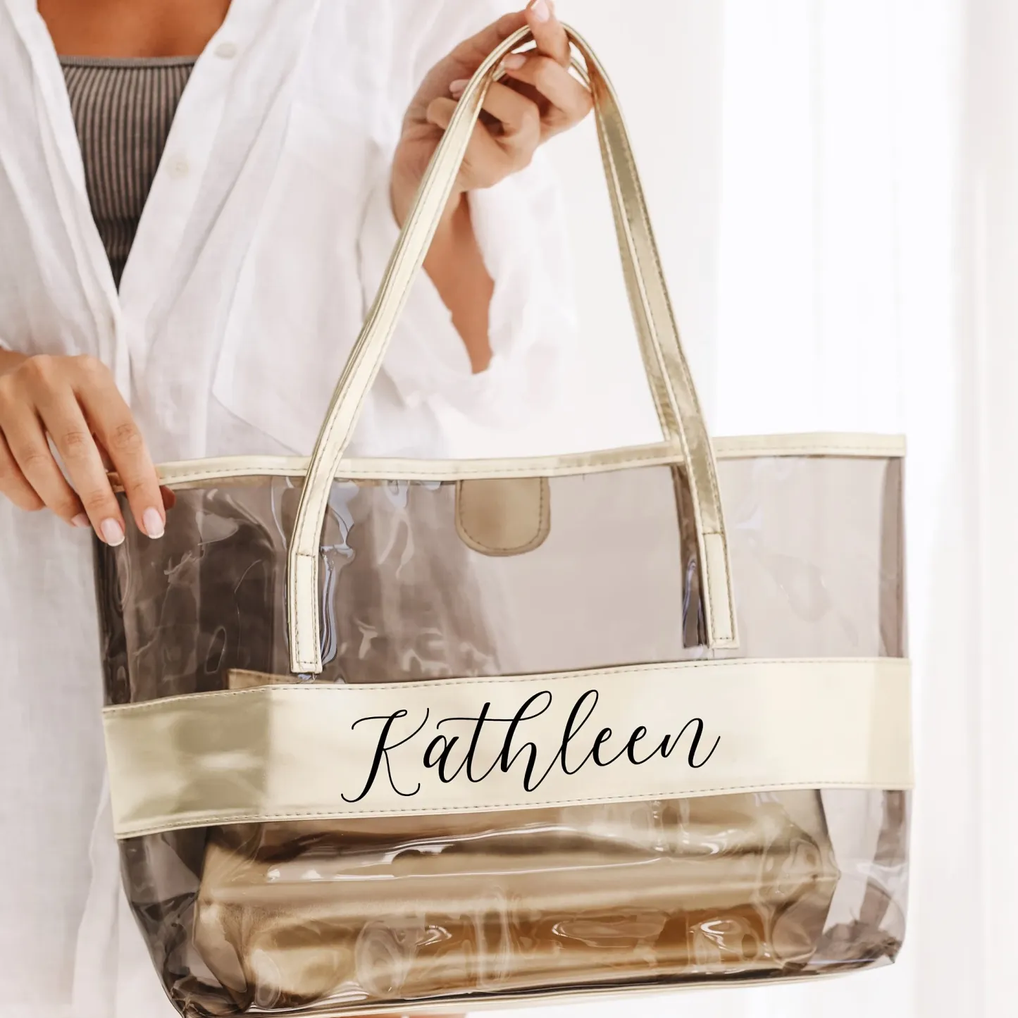 Personalized Clear Tote Bag Custom Name Transparent Shoulder Bag Personalized Reusable Beach Tote Bag Gifts for Her