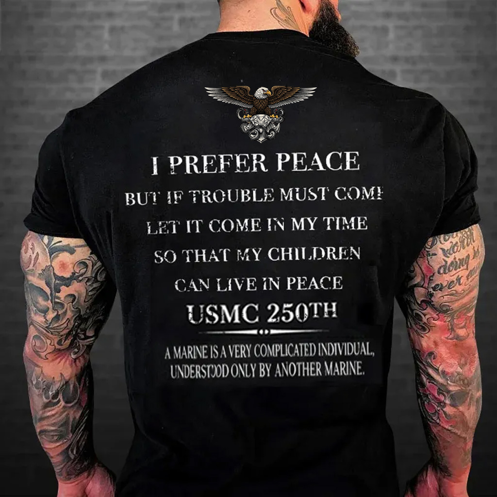 US Marine Corps 250th Anniversary "Prefer Peace, Bear Trouble" Themed Short - Sleeve T - Shirt