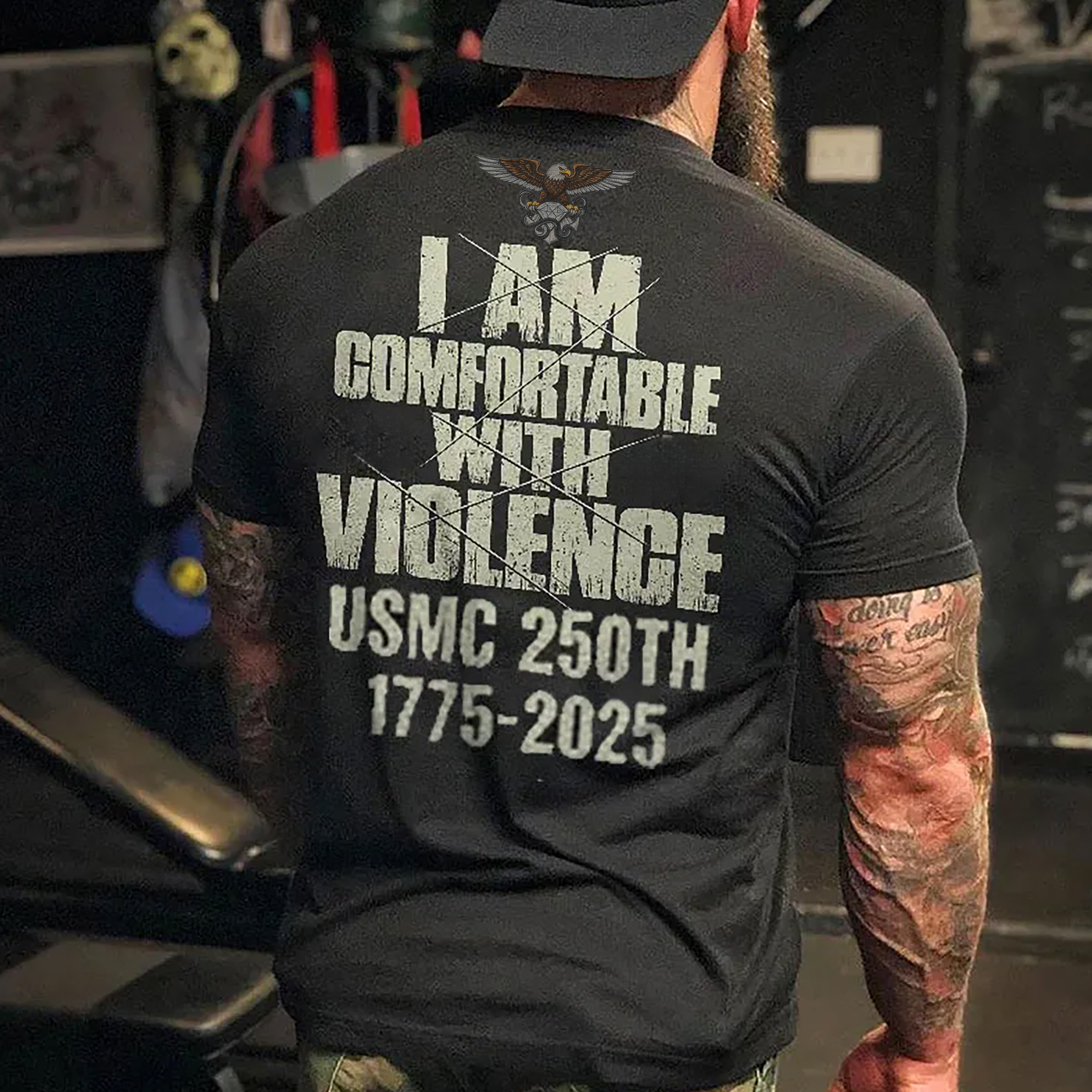 US Marine Corps 250th Anniversary "Comfortable with Violence" Themed Short - Sleeve T - Shirt