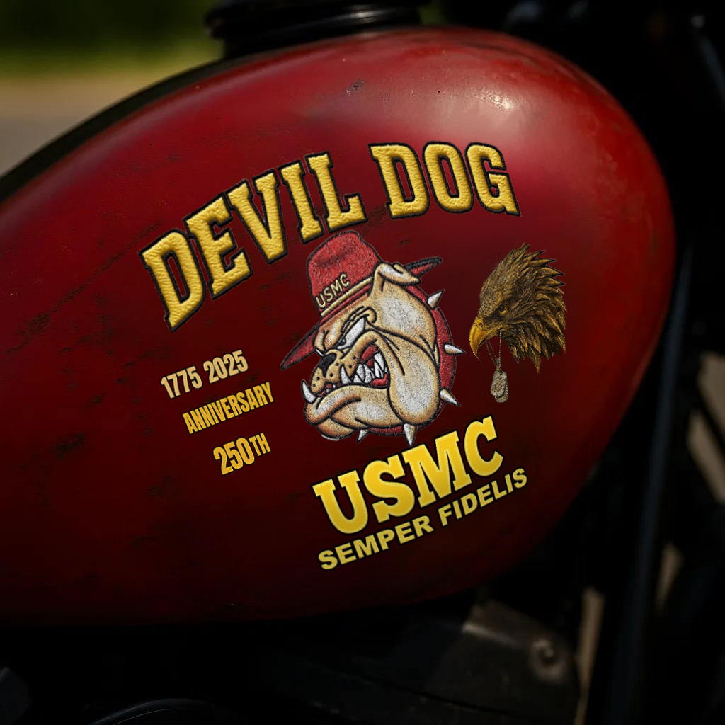 U.S. Marine Corps “Devil Dog” 250th Anniversary Red Motorcycle Tank Decal Emblem
