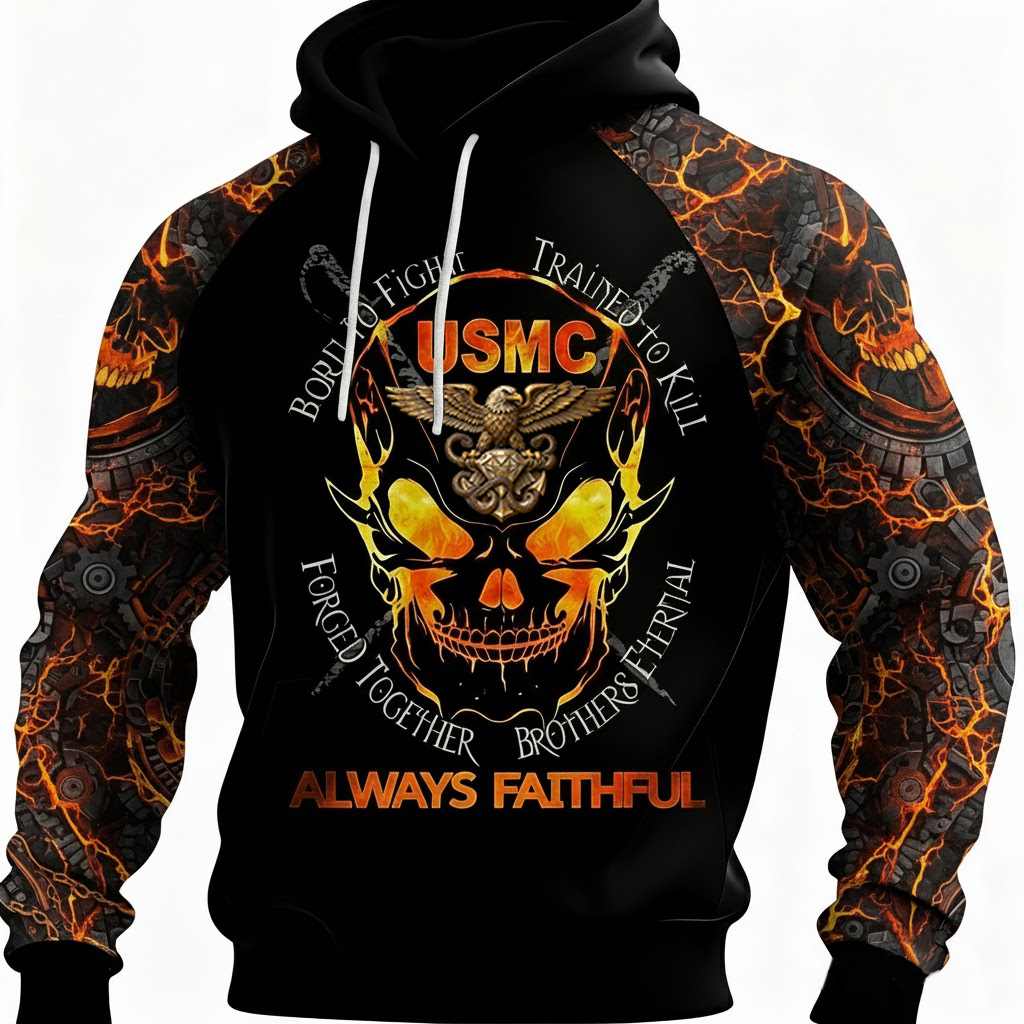 USMC Always Faithful Hoodie, Flaming Skull Print