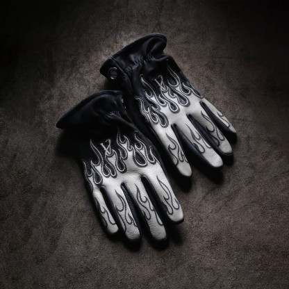 Industrial Monochrome Style White Flame Graphic Matte Leather Gloves