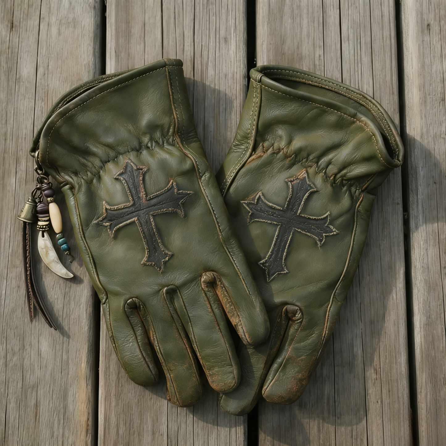 Gothic Vibe Dark Distressed Leather Cross Gloves