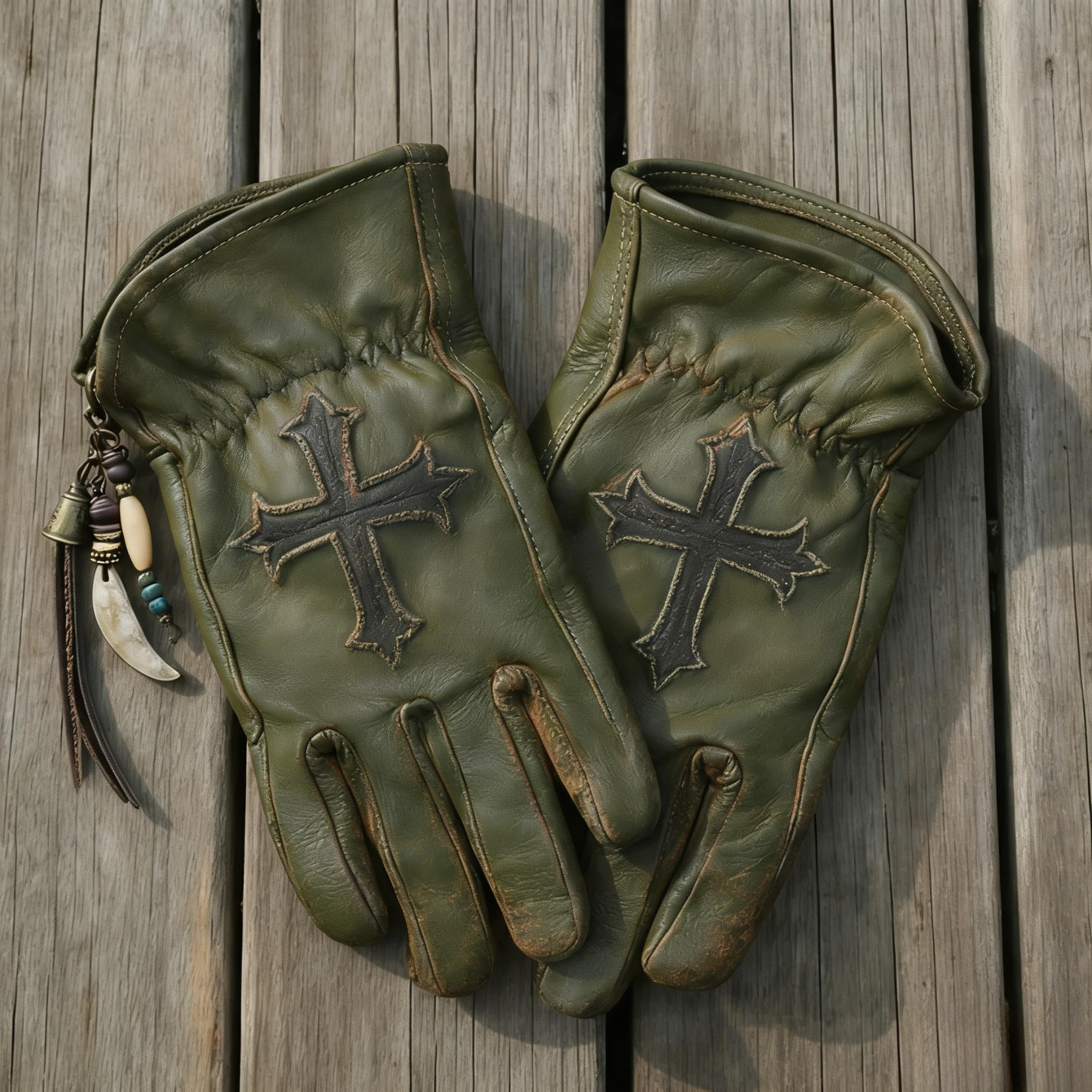 Gothic Vibe Dark Distressed Leather Cross Gloves