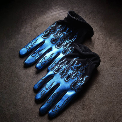 Cyberpunk Metallic Blue Flame Pattern Matte Black Techwear Gloves