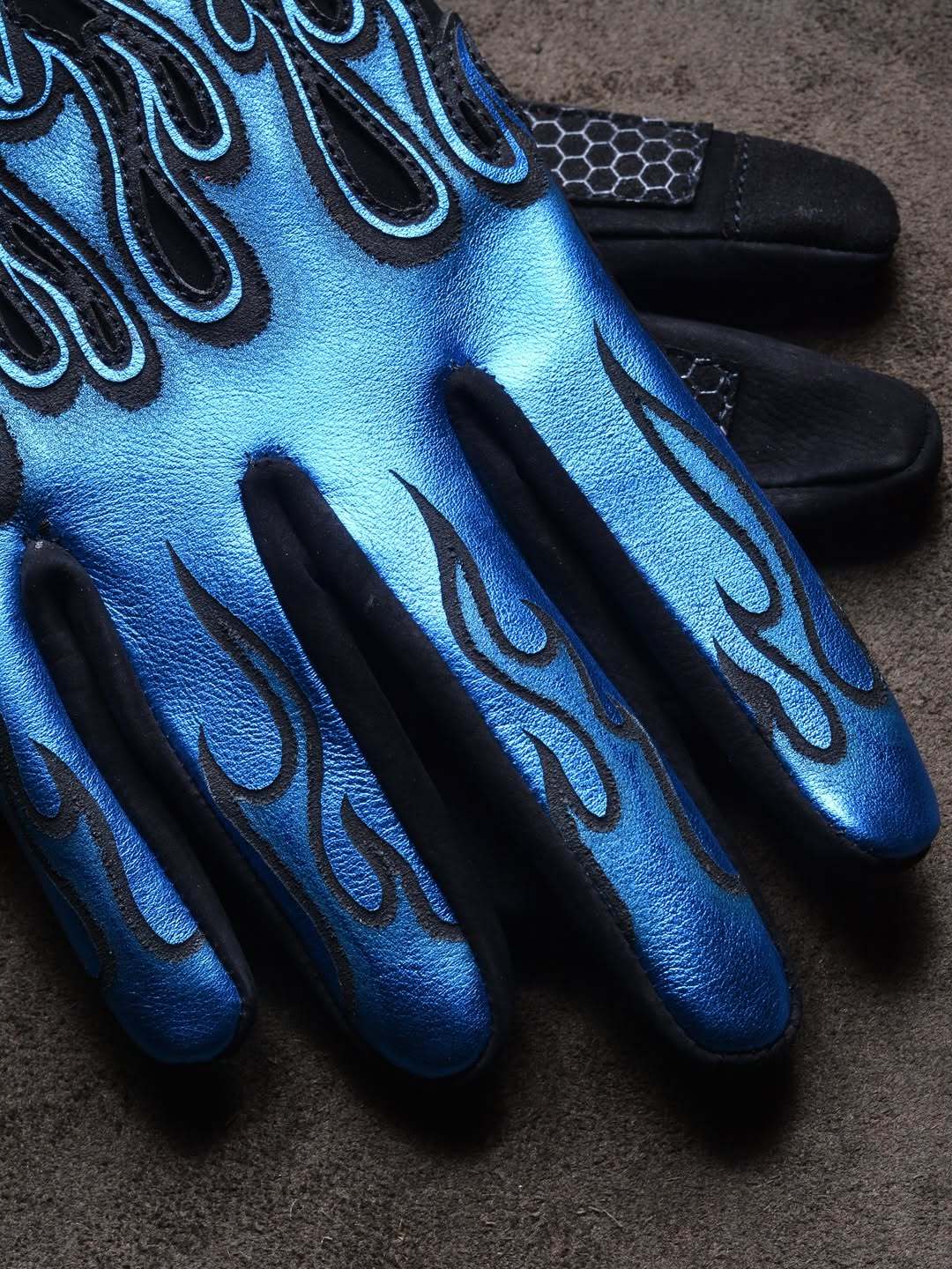 Cyberpunk Metallic Blue Flame Pattern Matte Black Techwear Gloves