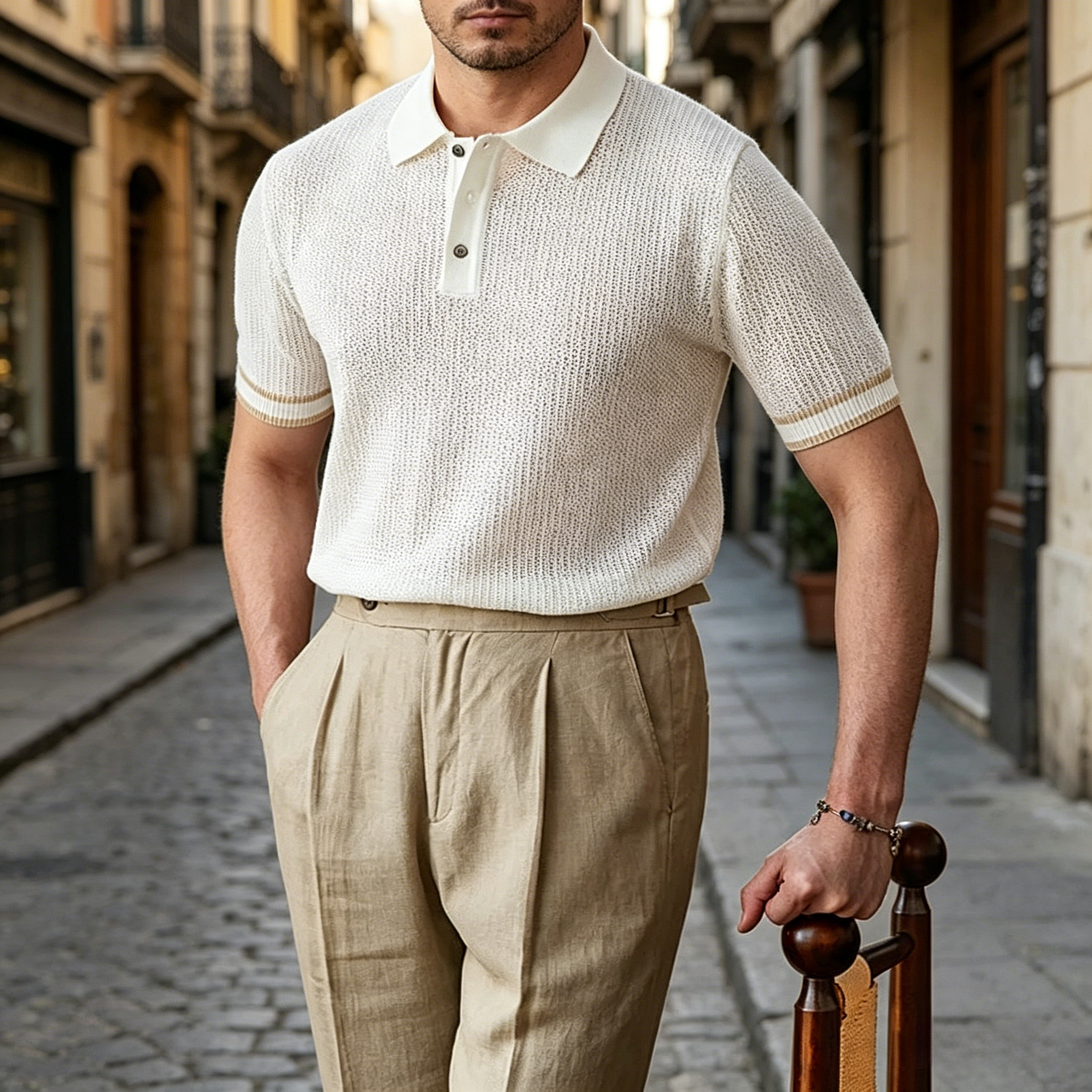 Dolce Contrast Crochet Knit Short Sleeve Polo Shirt