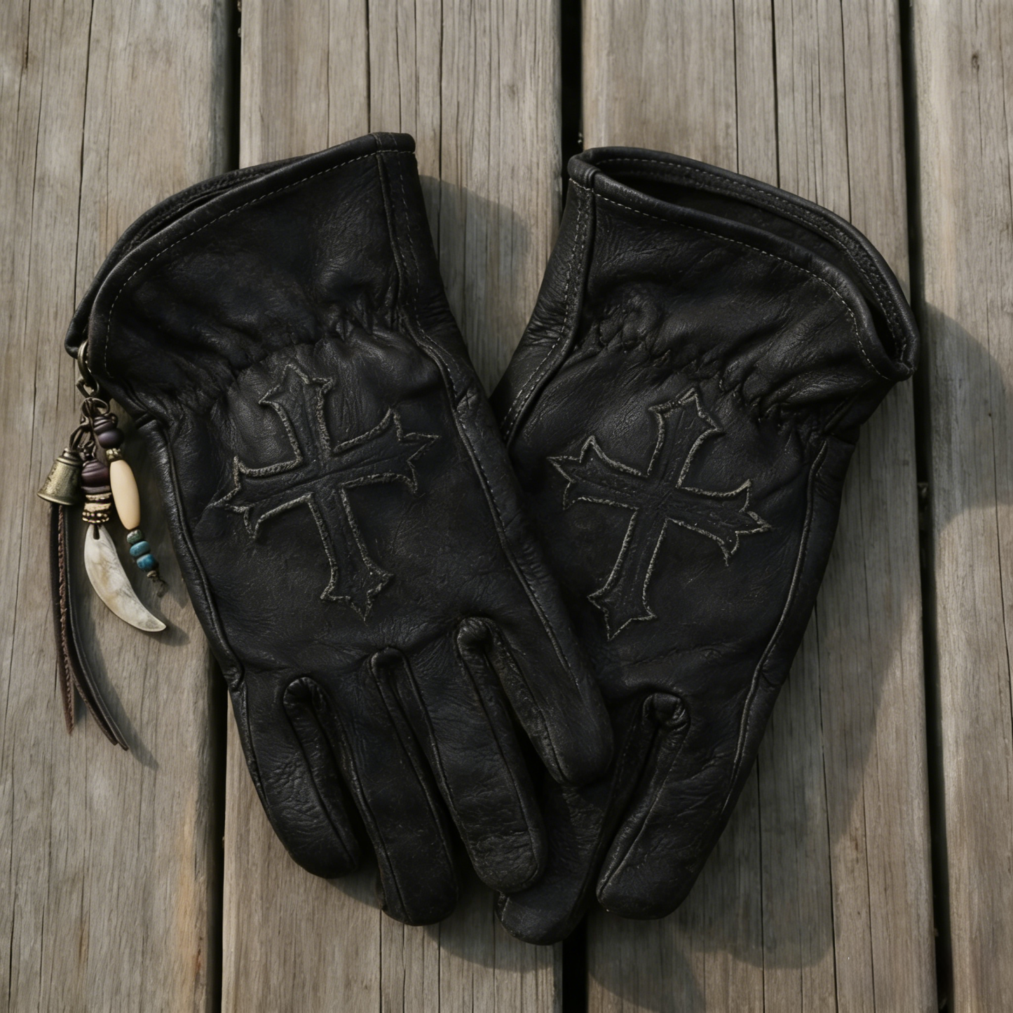 Gothic Vibe Dark Distressed Leather Cross Gloves