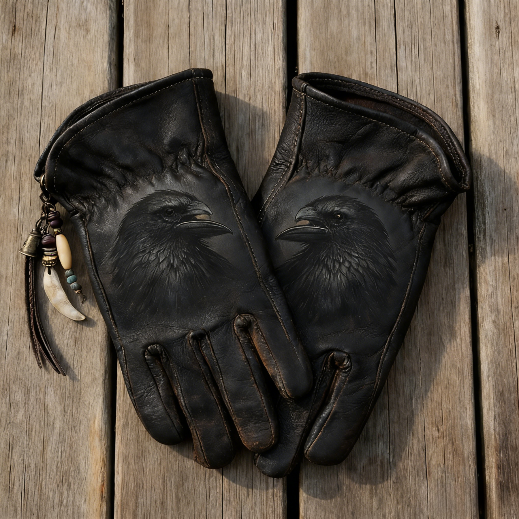 Gothic Mystery Dark Distressed Leather Raven Art Gloves