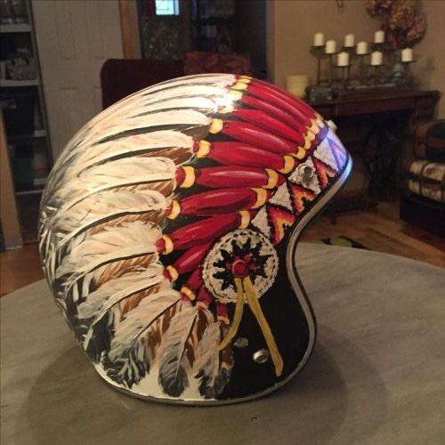 Native American Style Feather Headdress Painted Biker Open Face Helmet