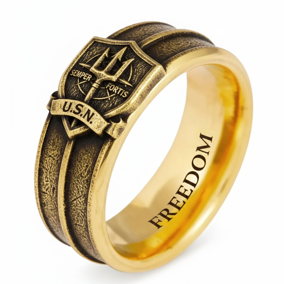 Military Antique Gold US Navy Trident Shield Men Band Ring