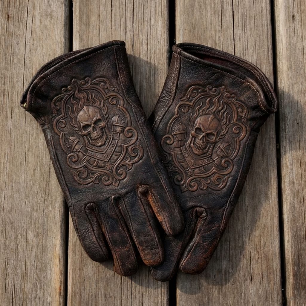 Vintage Style  Crown of Bones Pattern Motorcycle Riding Gloves