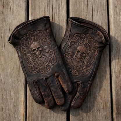 Vintage Style  Crown of Bones Pattern Motorcycle Riding Gloves