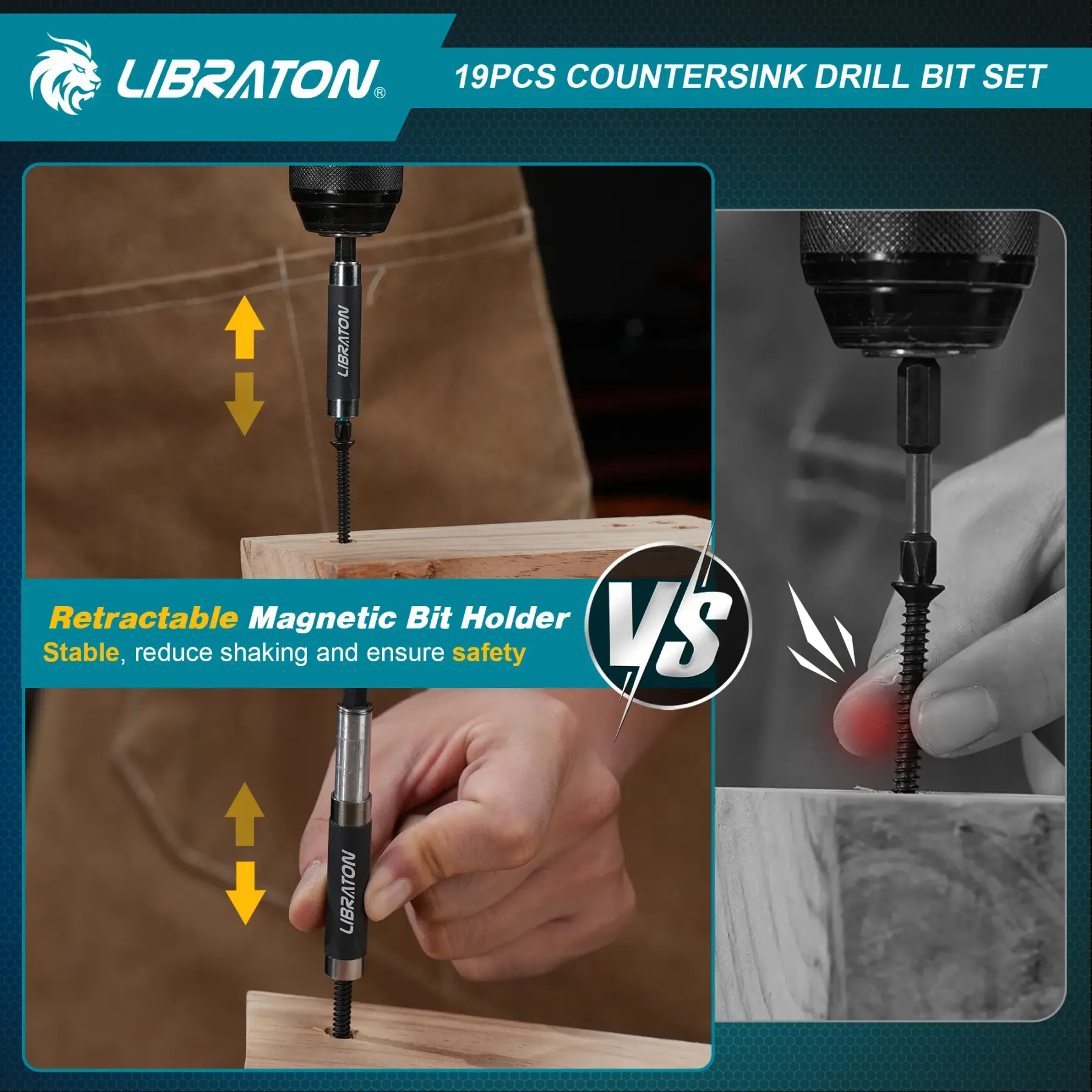 19-Piece Professional Countersink Drill Bit Set – Tapered Bits for Woodworking | Wood Plug Cutters & 1/4" Hex Shank | Precision Depth Control for Flawless Joinery