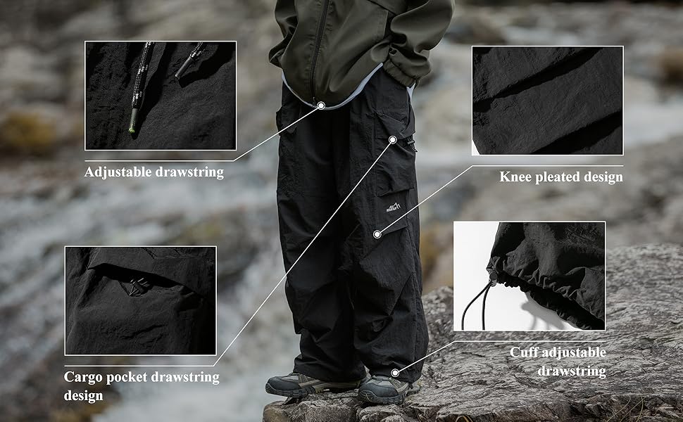 Men's Stylish Baggy Cargo Trousers, Menswear Clothes, Hip-Hop Parachute-Style Loose Fit, Lightweight Water-Resistant with Pockets
