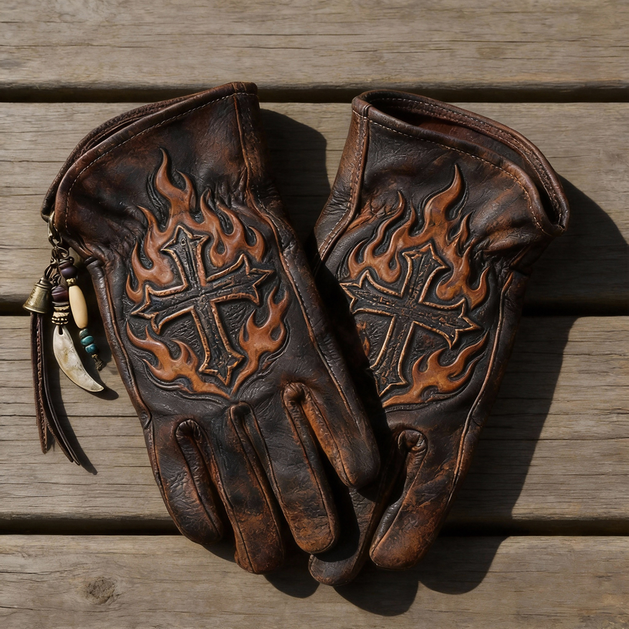 Blazing Saint Graphic Distressed Leather Gloves