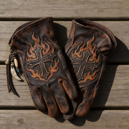 Blazing Saint Graphic Distressed Leather Gloves