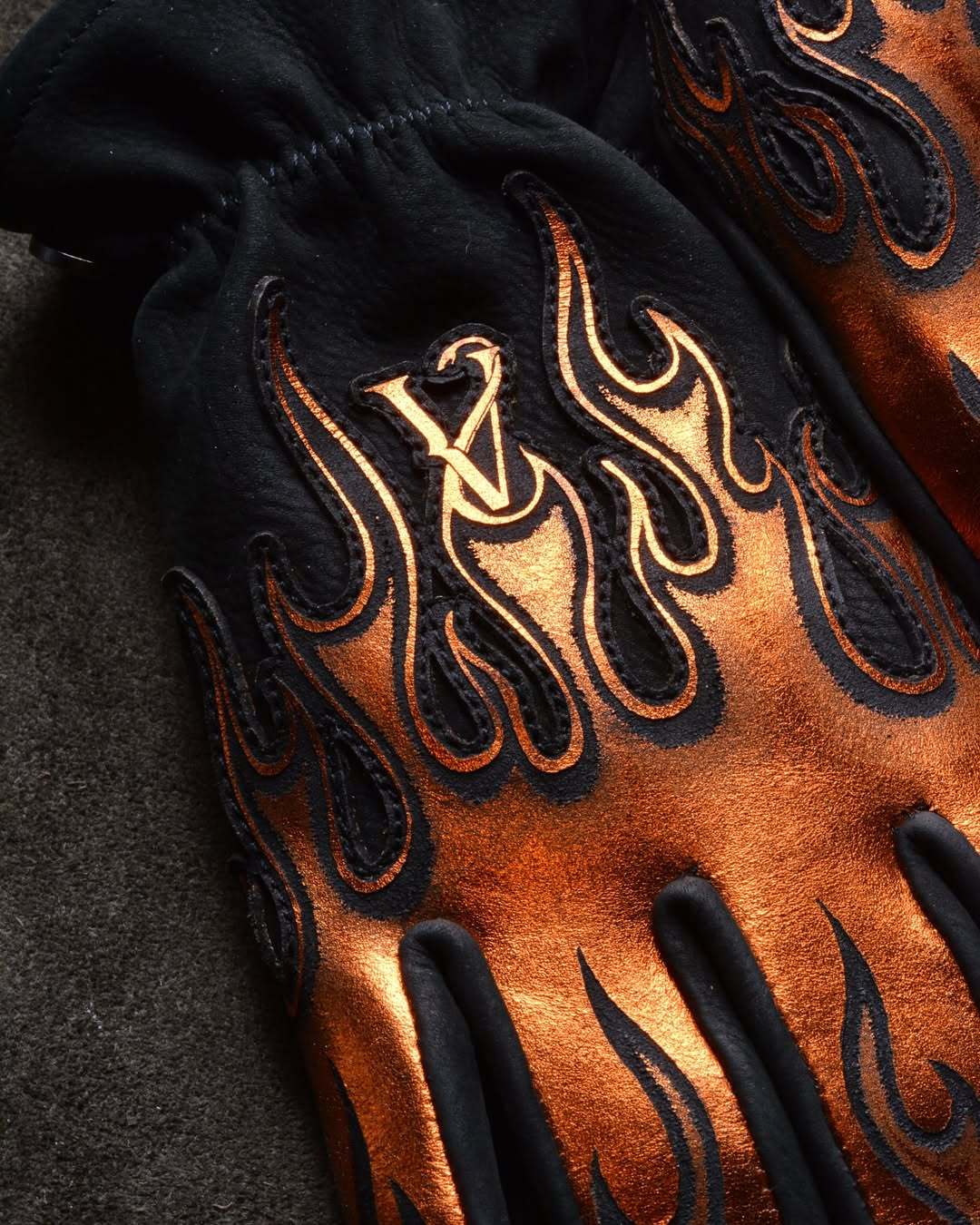 Vintage Biker Metallic Bronze Flame Embossed Leather Riding Gloves