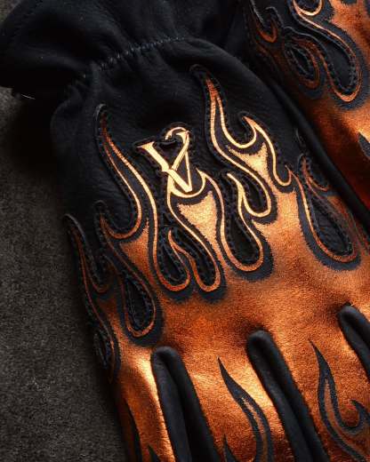 Vintage Biker Metallic Bronze Flame Embossed Leather Riding Gloves