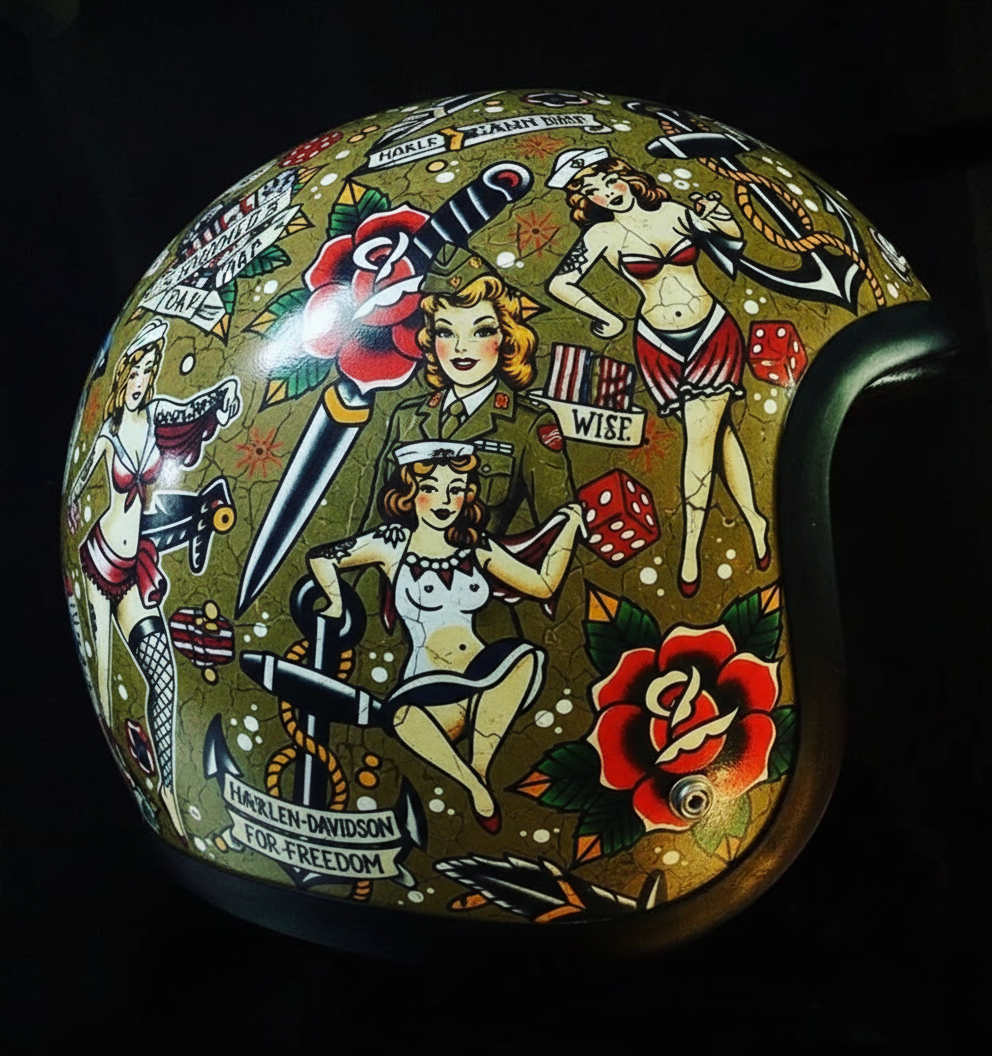 Vintage Rock Culture Distressed Graphics Open Face Motorcycle Helmet