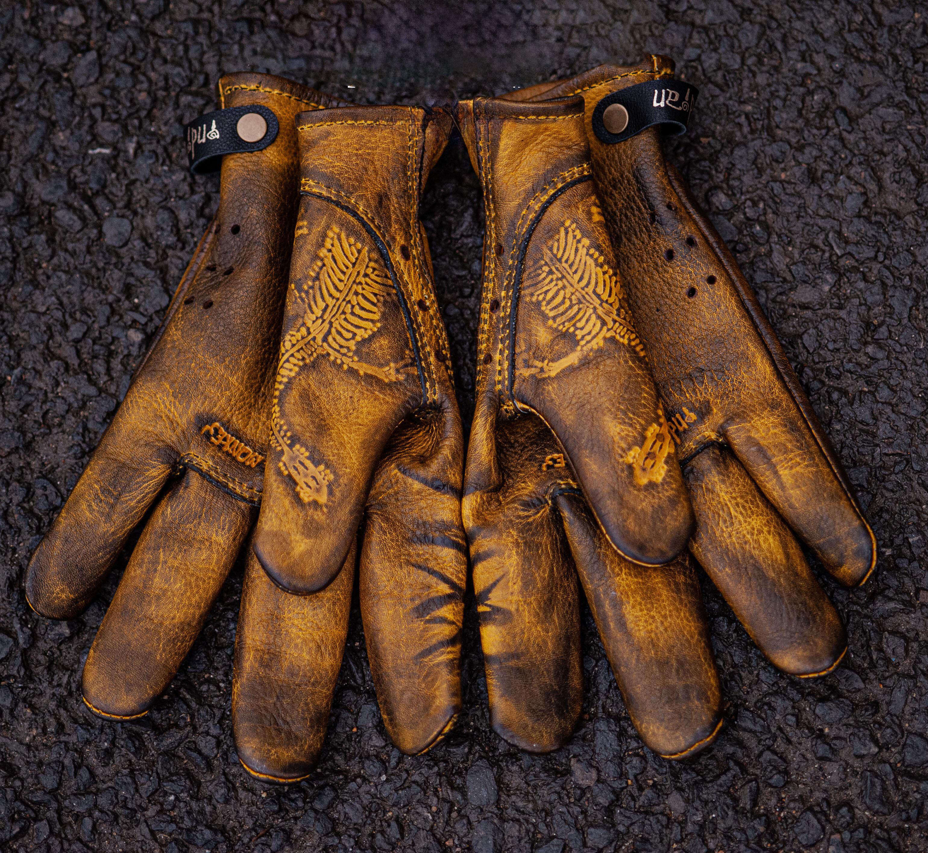 Vintage Distressed Leather Skeleton Hand Print Motorcycle Riding Gloves