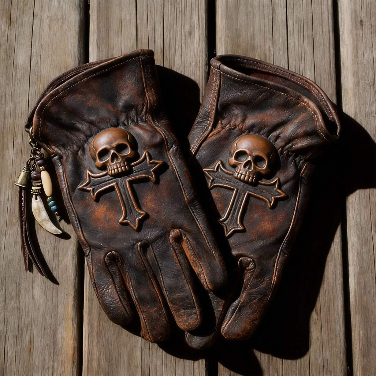 Undead Glory Graphic Distressed Leather Gloves