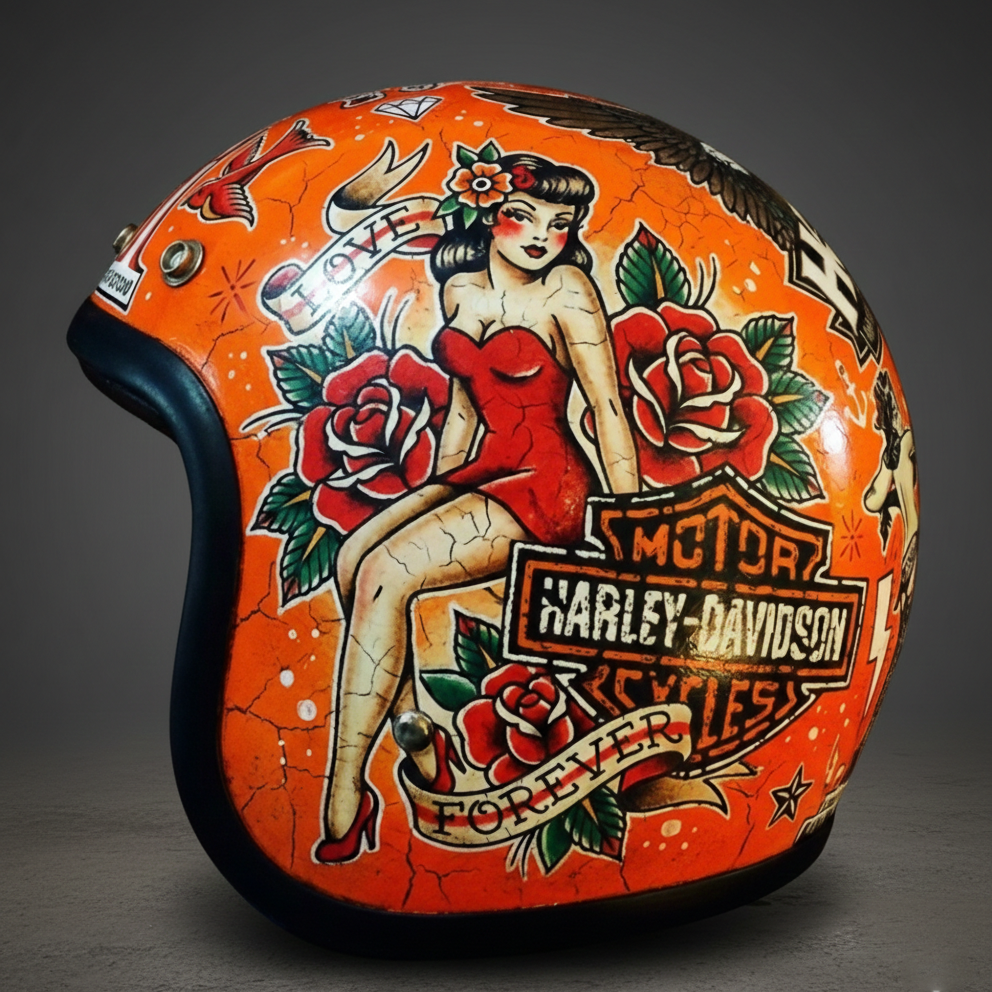 Vintage Rock Culture Distressed Graphics Open Face Motorcycle Helmet