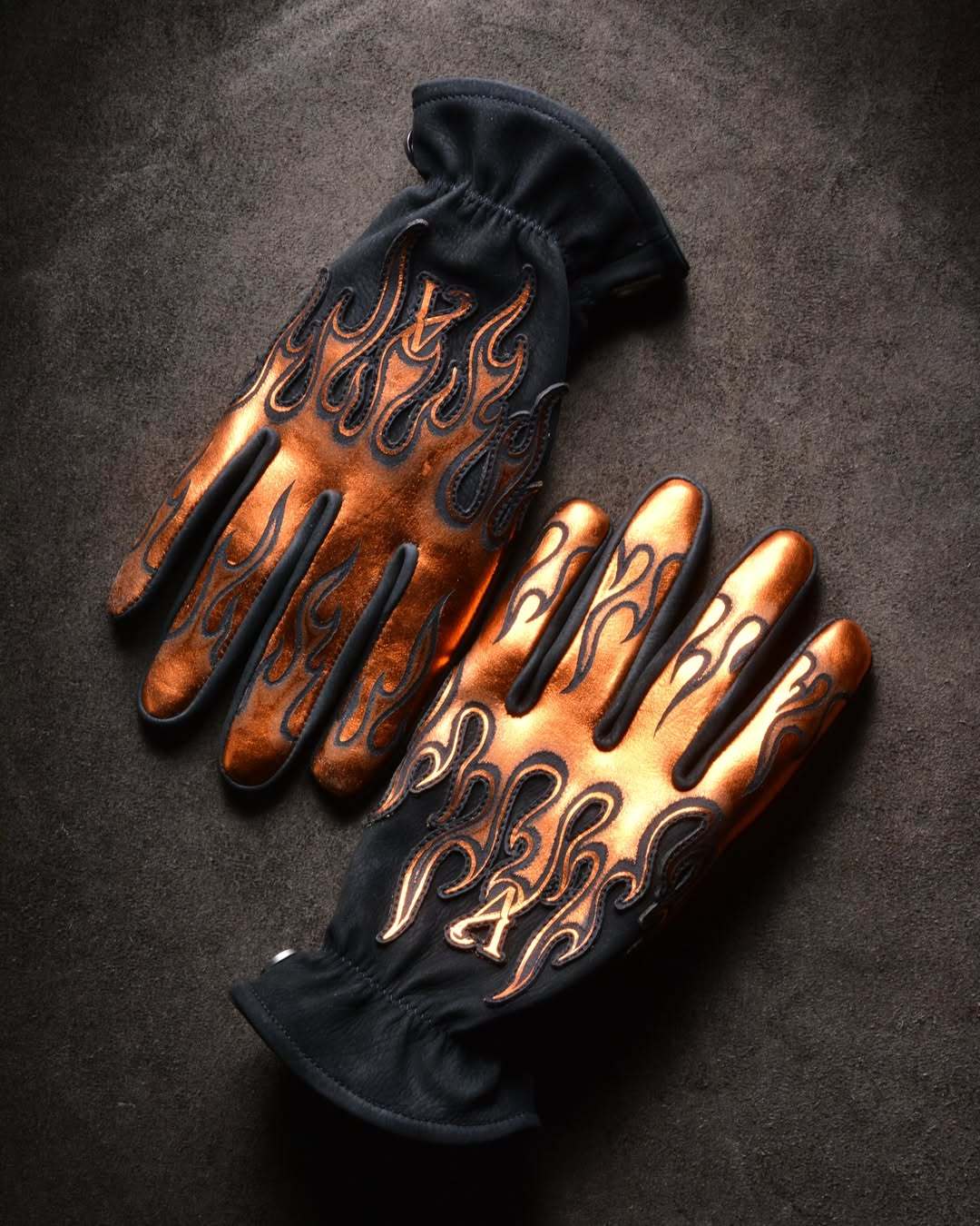 Vintage Biker Metallic Bronze Flame Embossed Leather Riding Gloves