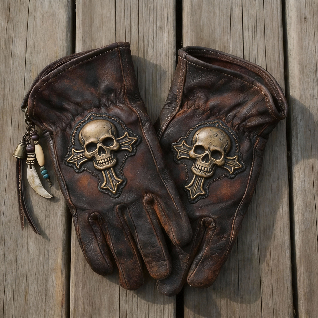 Iron Backbone Medal Graphic Distressed Leather Gloves