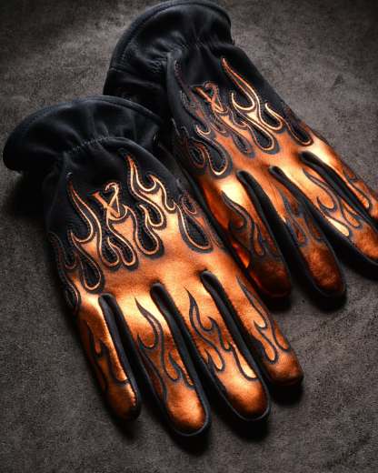 Vintage Biker Metallic Bronze Flame Embossed Leather Riding Gloves