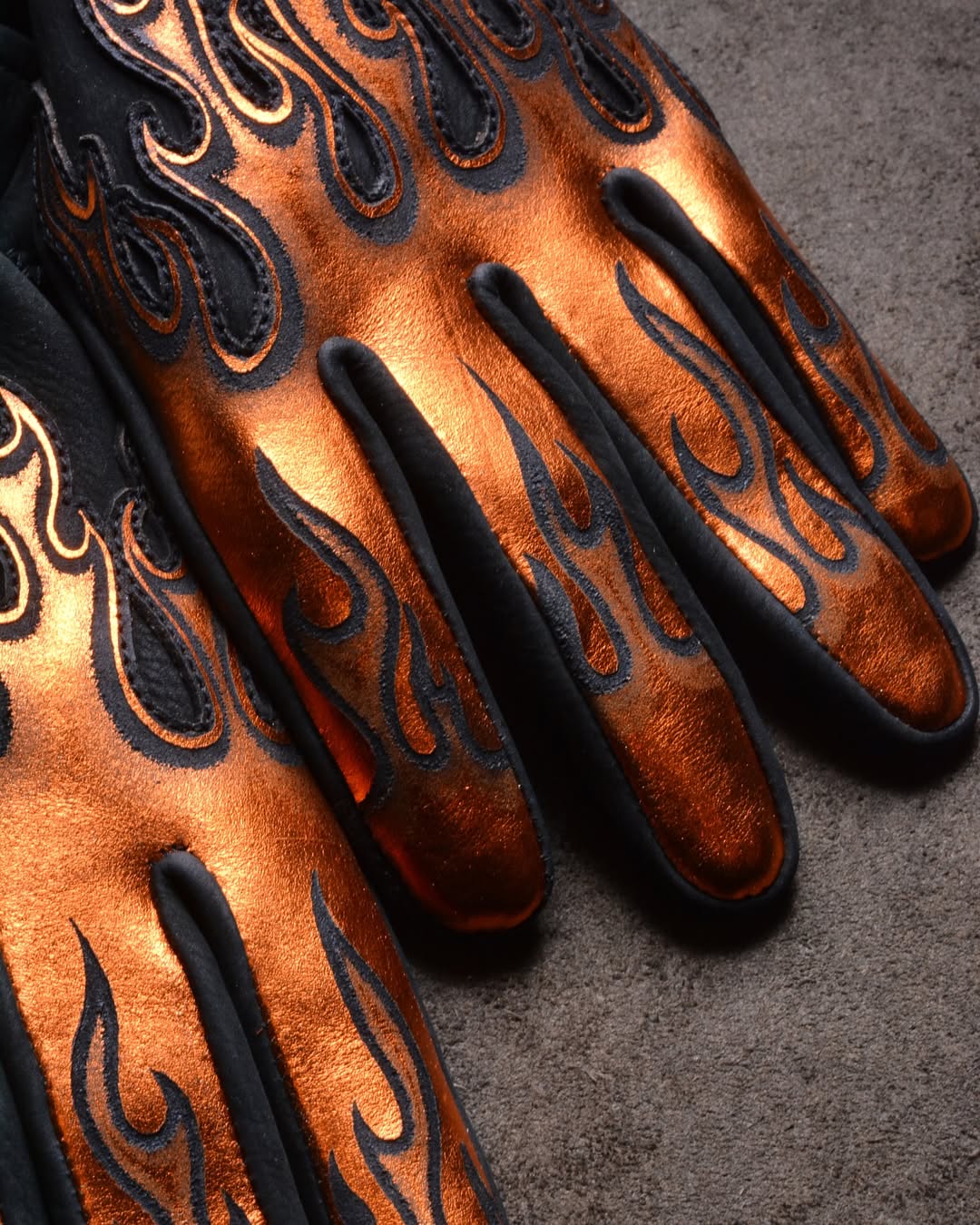 Vintage Biker Metallic Bronze Flame Embossed Leather Riding Gloves
