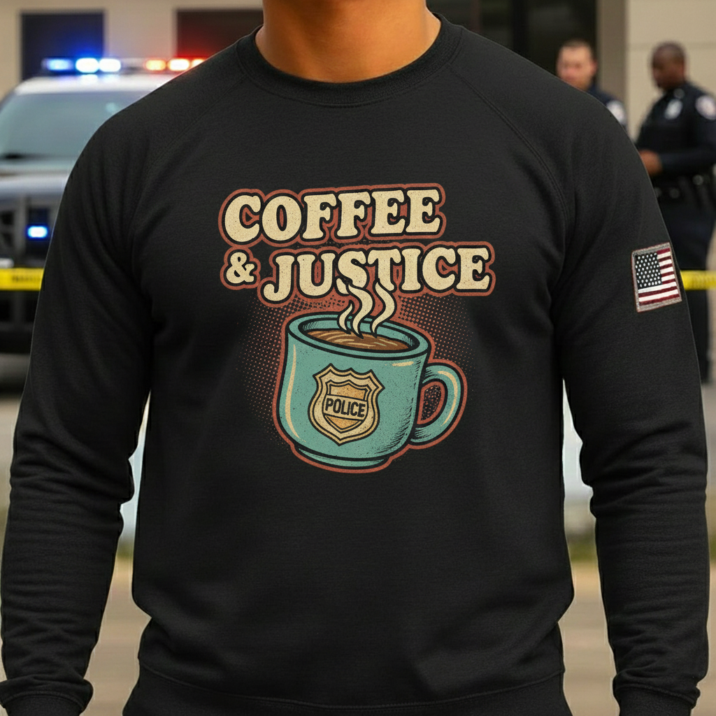 "COFEEE&JUSTICE" themed black round-neck hoodie